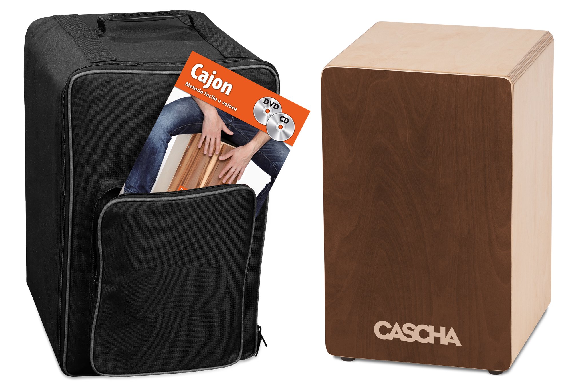 CASCHA HH 2085 IT Cajon Box Brown Bundle - idéal pour les débutants - Cajon avec sac à dos et livre de cajon en italien (avec CD et DVD)