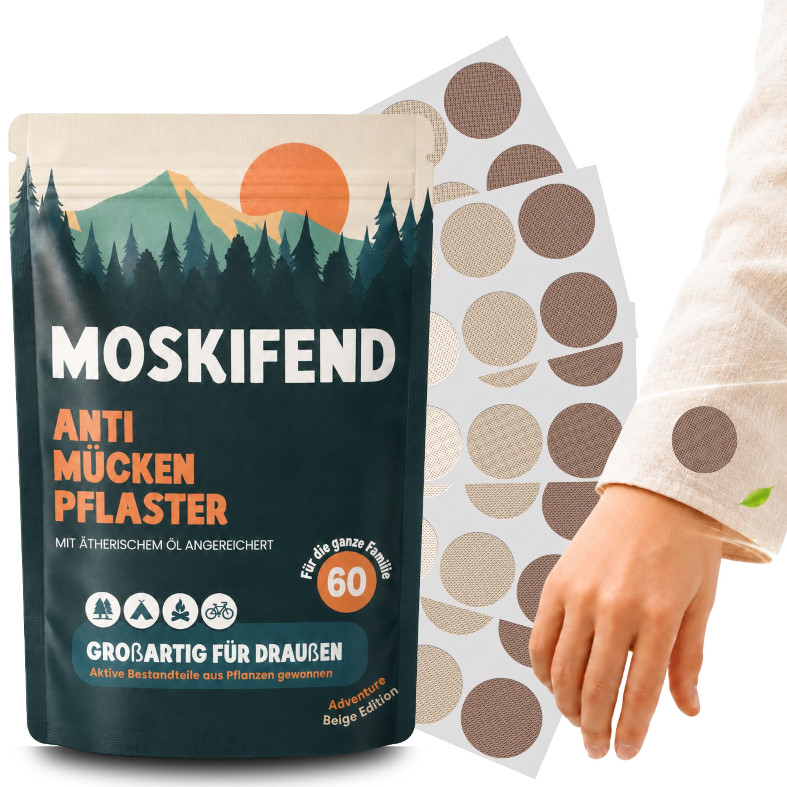 Mückenschutzpflaster für Kinder, Babys & Erwachsene (mit Öl gegen Mücken) – Anti Mücken Aufkleber Beige – 60 Patches für unterwegs | Mosquito Repellent Sticker, Insektenschutz