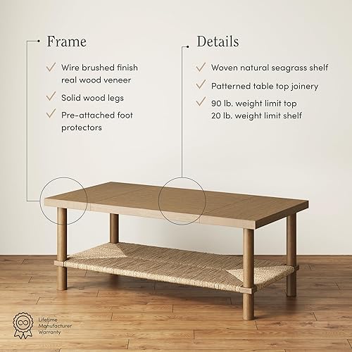 Miniatura 14 de Nathan James Asher Mid-Century - Mesa auxiliar rectangular, parte superior de cristal, estante de almacenamiento de roble rústico con patas de metal