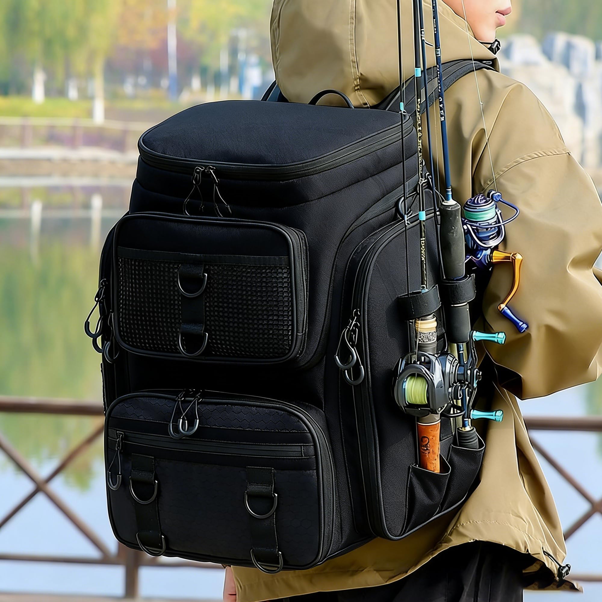 WYFCR Mochila de pesca con soportes para caña, bolsa de aparejos impermeable, bolsa de almacenamiento ligera e impermeable para pesca, adecuada para senderismo, caza, camping y viajes