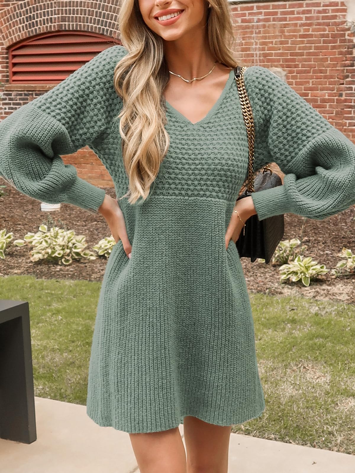 CUPSHE Robe pull en tricot texturé à manches longues et col en V pour femme