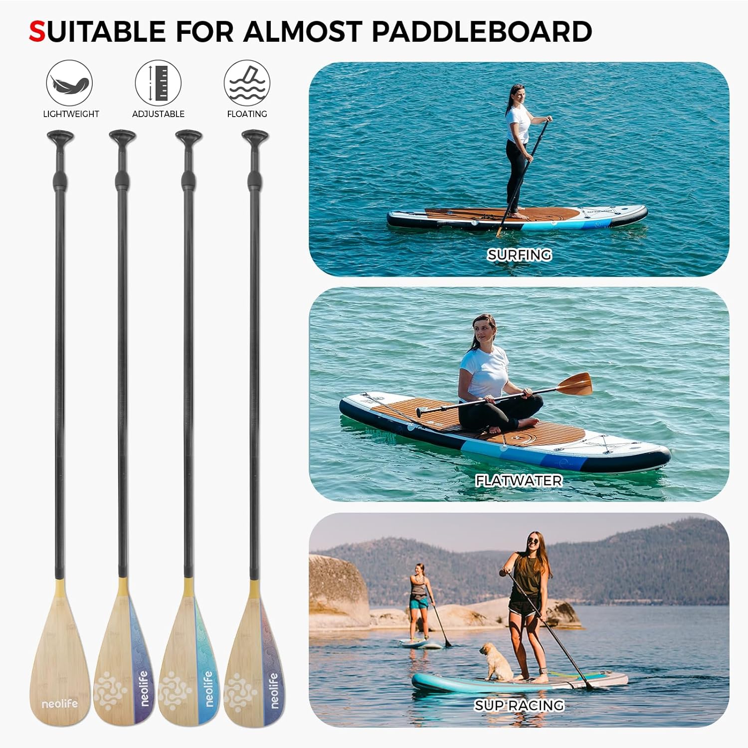 SUP Paddleboard Paddle with Carbon Fiber Shaft and Enhanced PP Blade, Adjustable Stand Up Paddle Board Paddle, 66-82" (170-210 cm), Bamboo Pattern Series