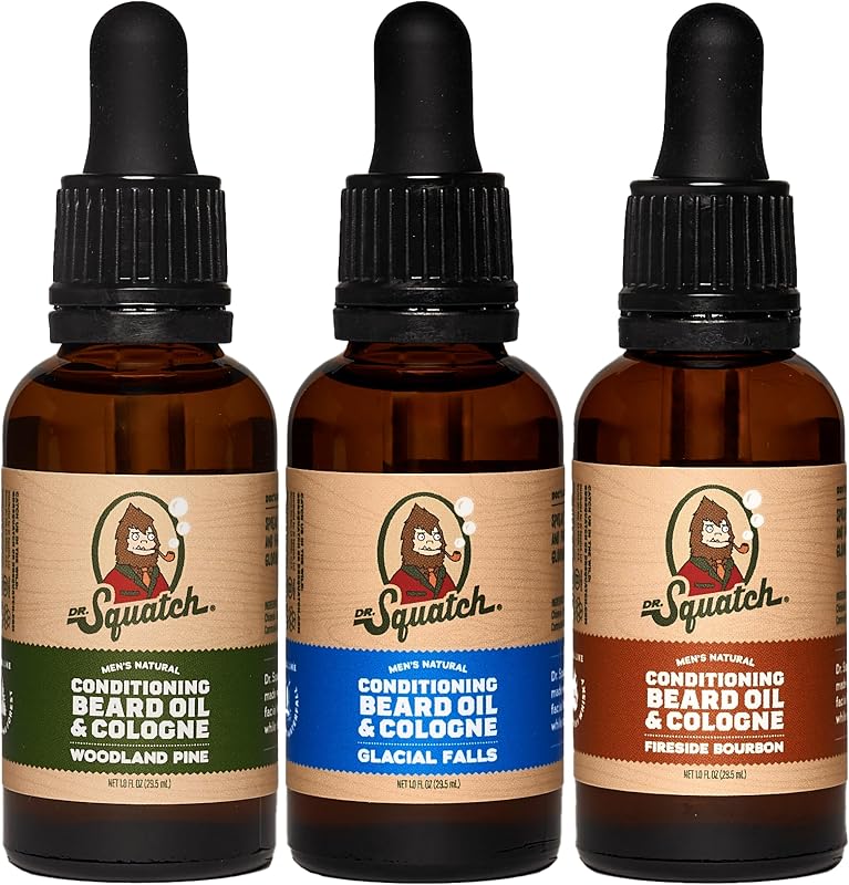 Dr. Squatch Conditioning Beard Oil & Cologne 3 Pack - Natural Men's Beard Oil Gift Pack - Nourish & Moisturize - Long Lasting Scent - Fireside Bourbon, Glacial Falls, Woodland Pine