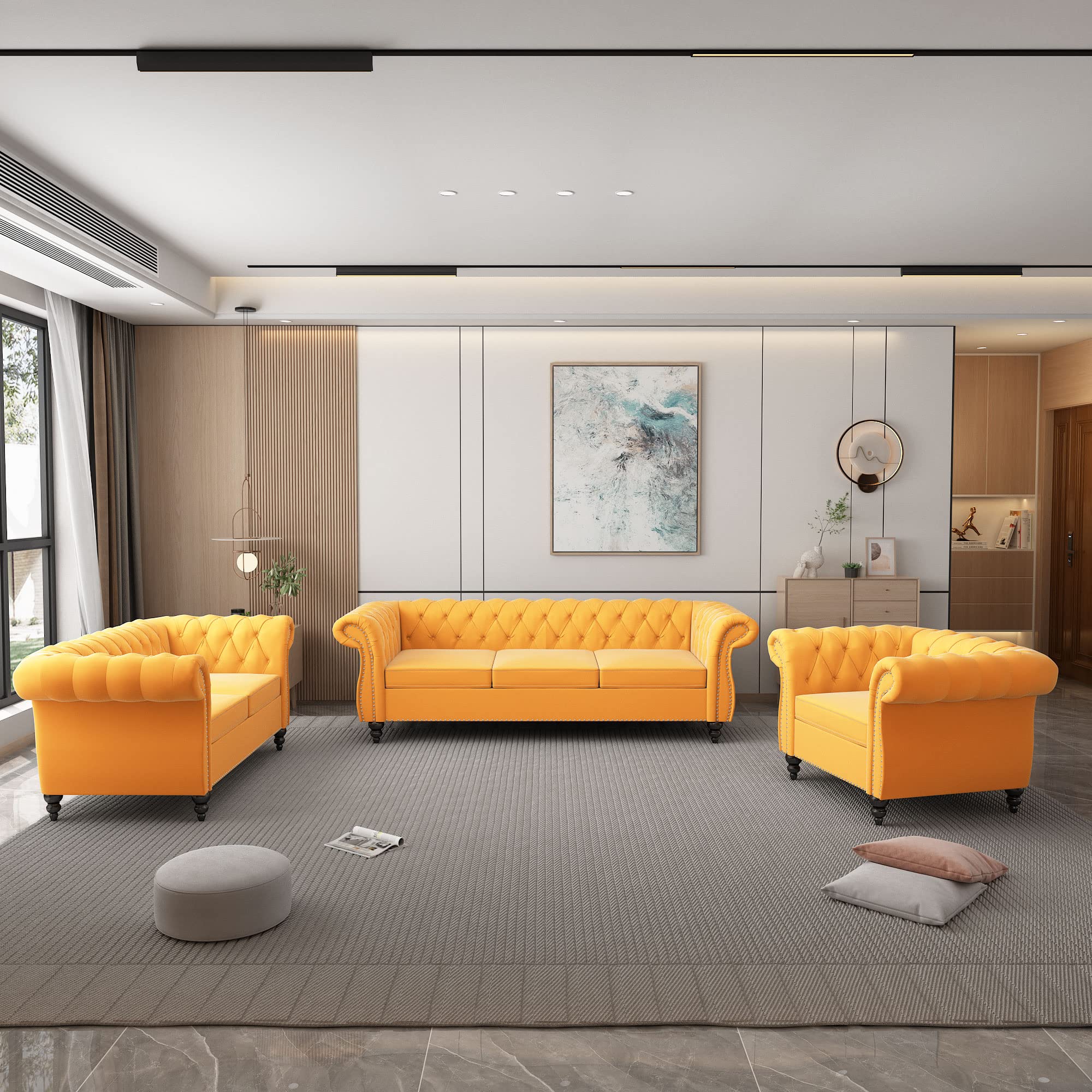 ORRD 3 Piece Living Room Set, Velvet Chesterfield Sofa Loveseat Couch Chair with Scroll Arms and Nailhead for Living Room, Office (Mango)