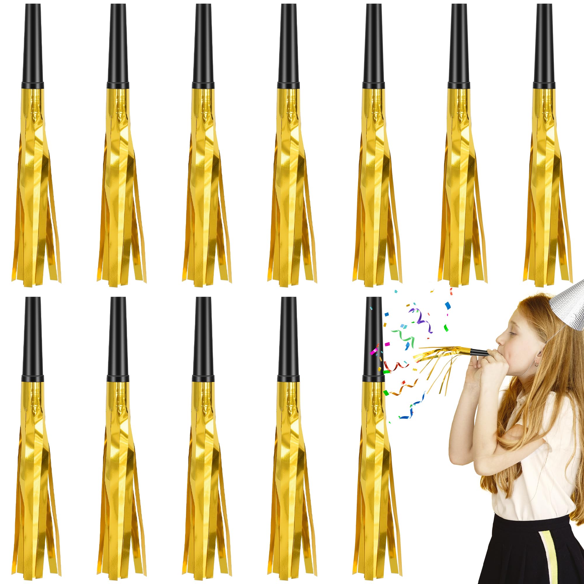 Twavang 12 Pcs Glitter Noise Makers Metallic Fringed Party Blower for Adults Birthday Graduation New Years Party Favors Supplies (Gold)
