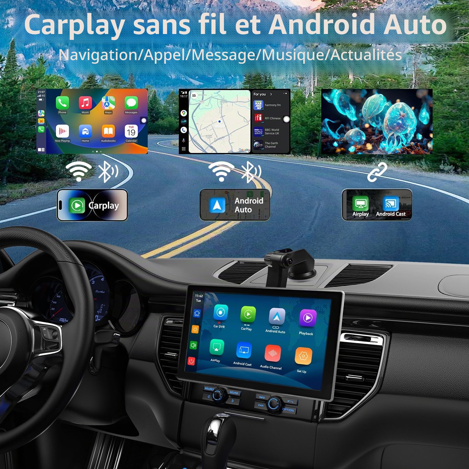 Écran de voiture portable 9" CarPlay/Android Écran tactile IPS HD avec caméra embarquée 4K et caméra de recul 1080p, Commande vocale BT FM Mirror Link pour tous les véhicules