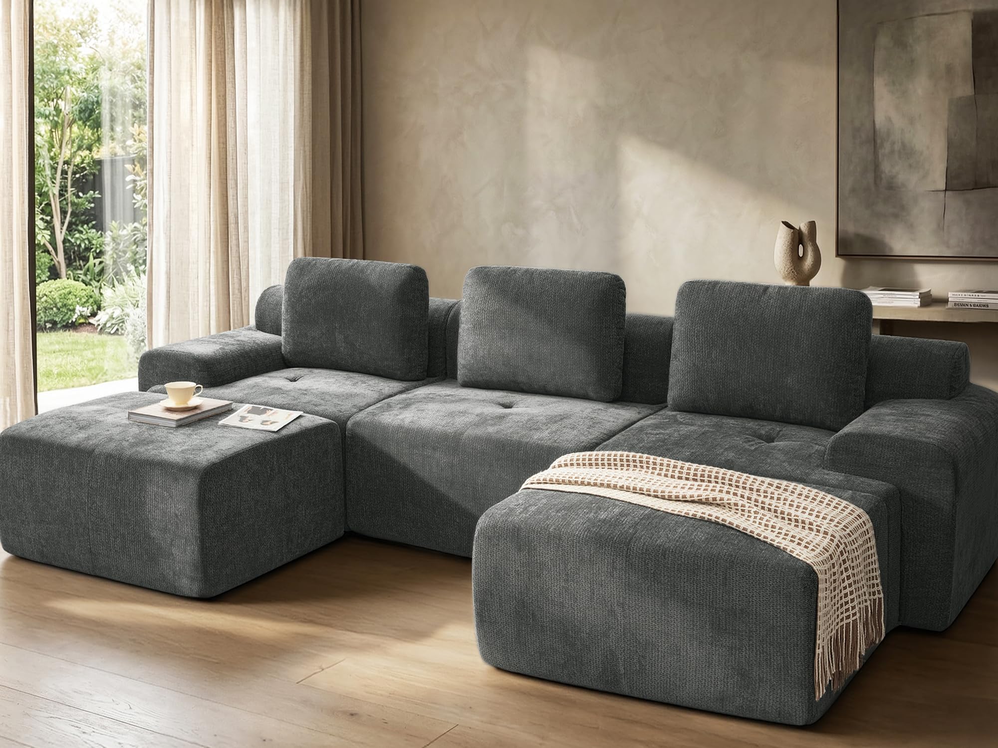 VYUXWO 122" U Shaped Oversized Boneless Couch, Comfort Cloud Sectional Couches for Living Room, Modular Sofa High Back & Extra Deep Seat, No Assembly, Soft Chenille (Dark Grey, 122 inch-U shaped（3+2）)