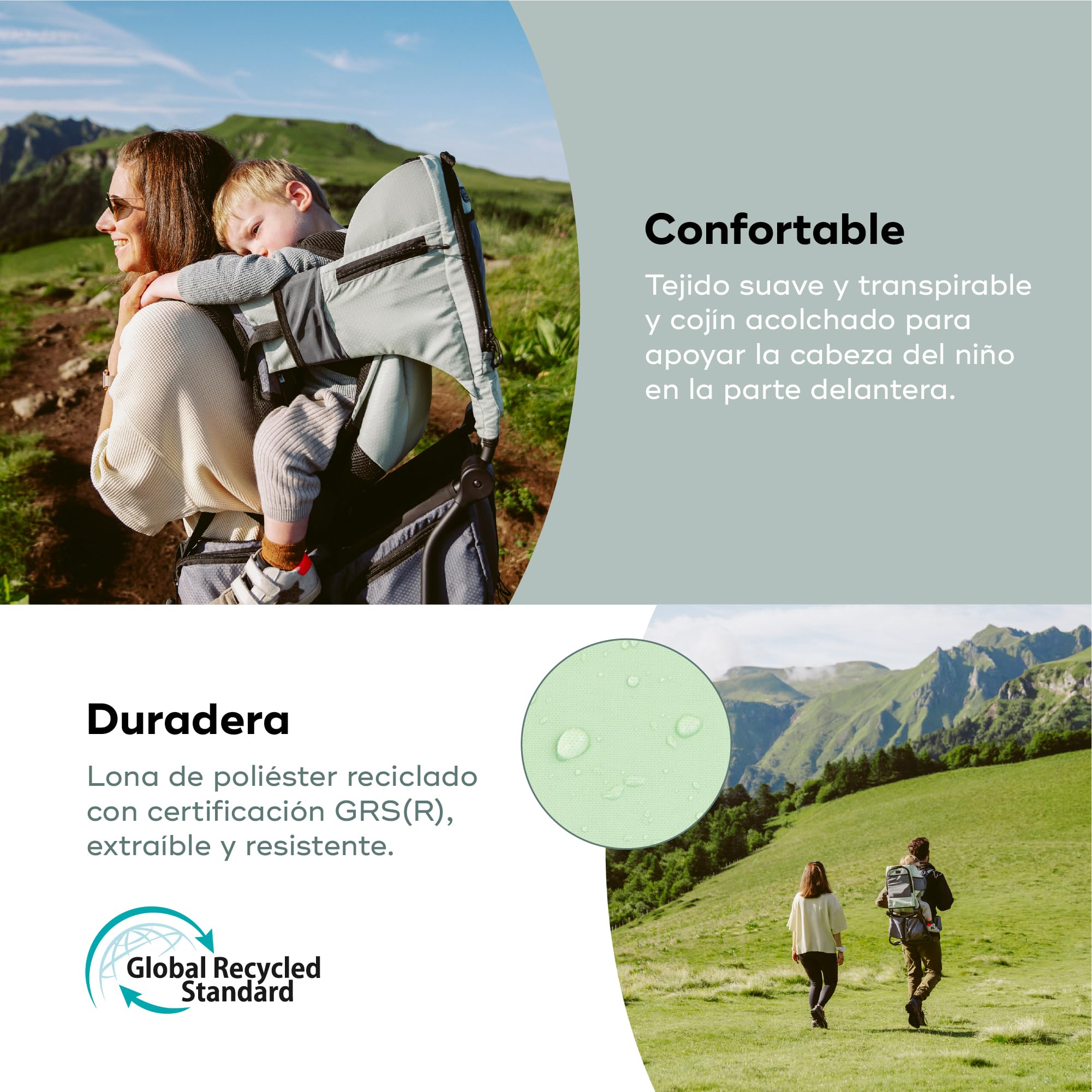 Babymoov Mochila portabebés para senderismo Moov & Hike: ergonómica con asiento ajustable y reposacabezas acolchado, con capota, bolsa de almacenaje 10l (Verde)