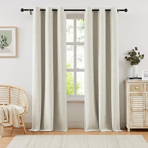 Miniatura 21 de Cortinas 100% opacas para dormitorio, cortina opaca de lino estilo granja de 84 pulgadas de largo, juego de 2 paneles, cortinas de ventana con