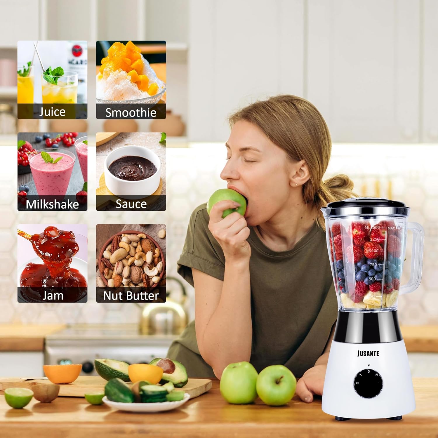 Kitchen Blender, 500W Countertop Blender with 52oz Plastic Jar for Smoothies Milkshake Desserts Nut Butter, Cocktails Sauces (White) - Image 5