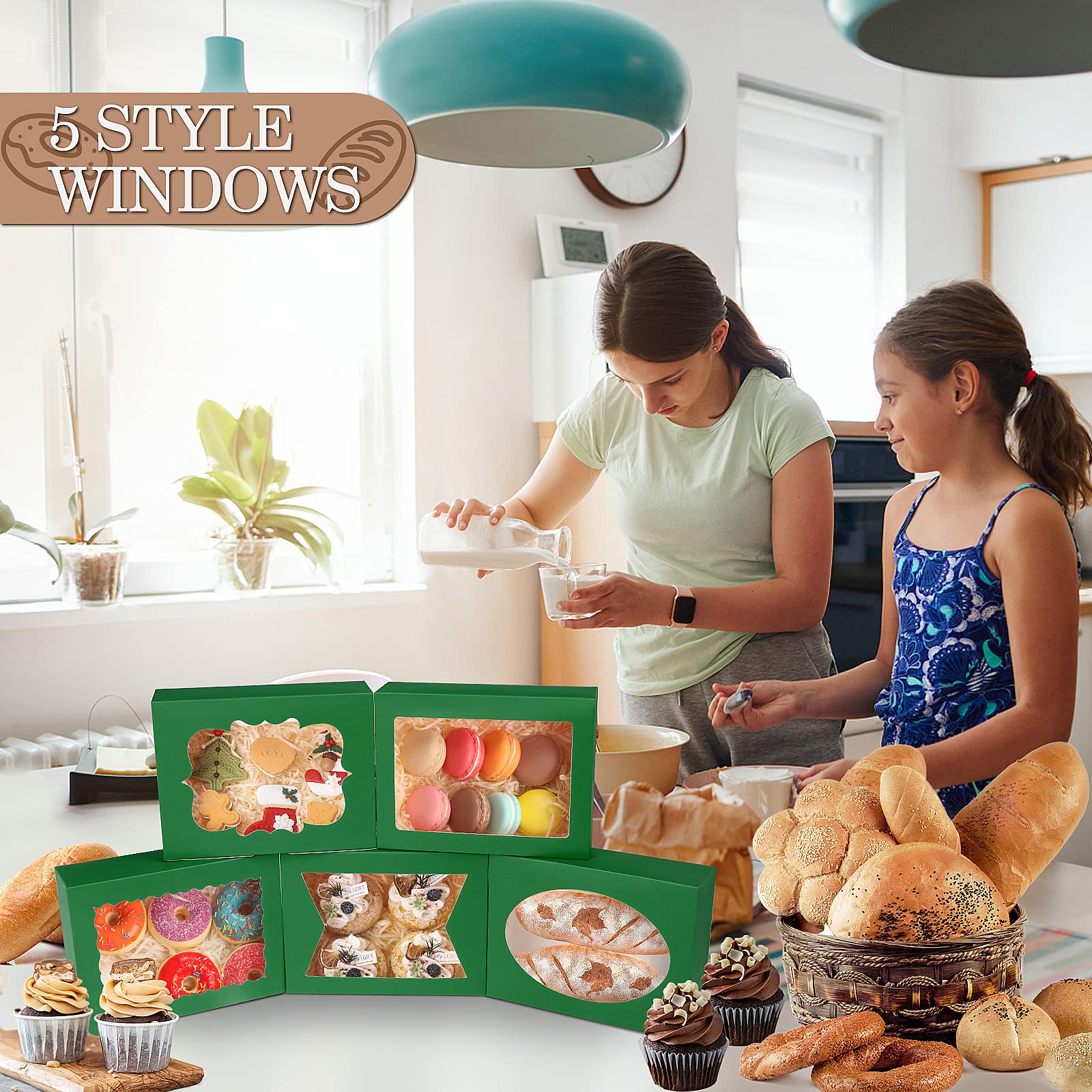 KPOSIYA 65 cajas de galletas de 8 x 6 x 2.5 pulgadas con ventana, cajas de panadería verdes para regalo, golosinas, postres, cupcakes, chocolate, fresas, donas, magdalenas (5 ventanas de estilo)