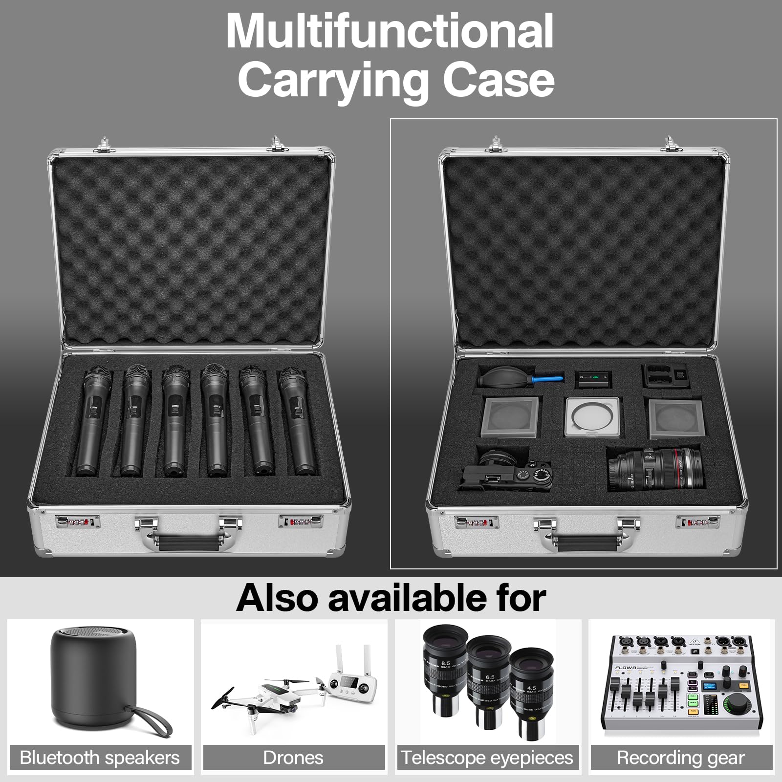 Vilcjson 18 Inch Wireless Microphone Case - Hard Carrying Case with Customizable Diced Foam, Dual Combination Locks, Aluminum Alloy Frame Lock Box for Wireless Mic & Camera Gear Storage, Silver