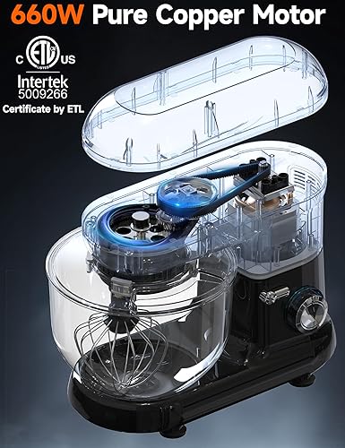 Miniatura 5 de Batidora de pie de 6 cuartos de galón - Mezclador de cocina de 660 W, mezclador eléctrico de 6 velocidades con gancho de masa para batir huevos,