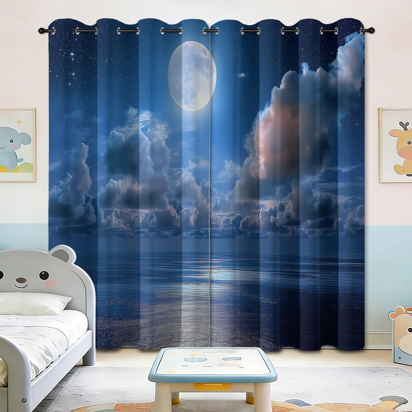 Cortina opaca para dormitorio, cortinas opacas con ojales, misteriosas cortinas de mar, luna, cielo estrellado, para salón, habitación infantil, puerta de balcón, protección UV, cortina térmica, 245 x