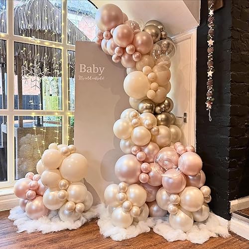 Miniatura 3 de Globos de Doble Relleno Blanco Perla y Rosa, 50 piezas Globos de Látex de Doble Relleno Blanco Arena Perla Rosa Retro Polvoriento para Mujeres y