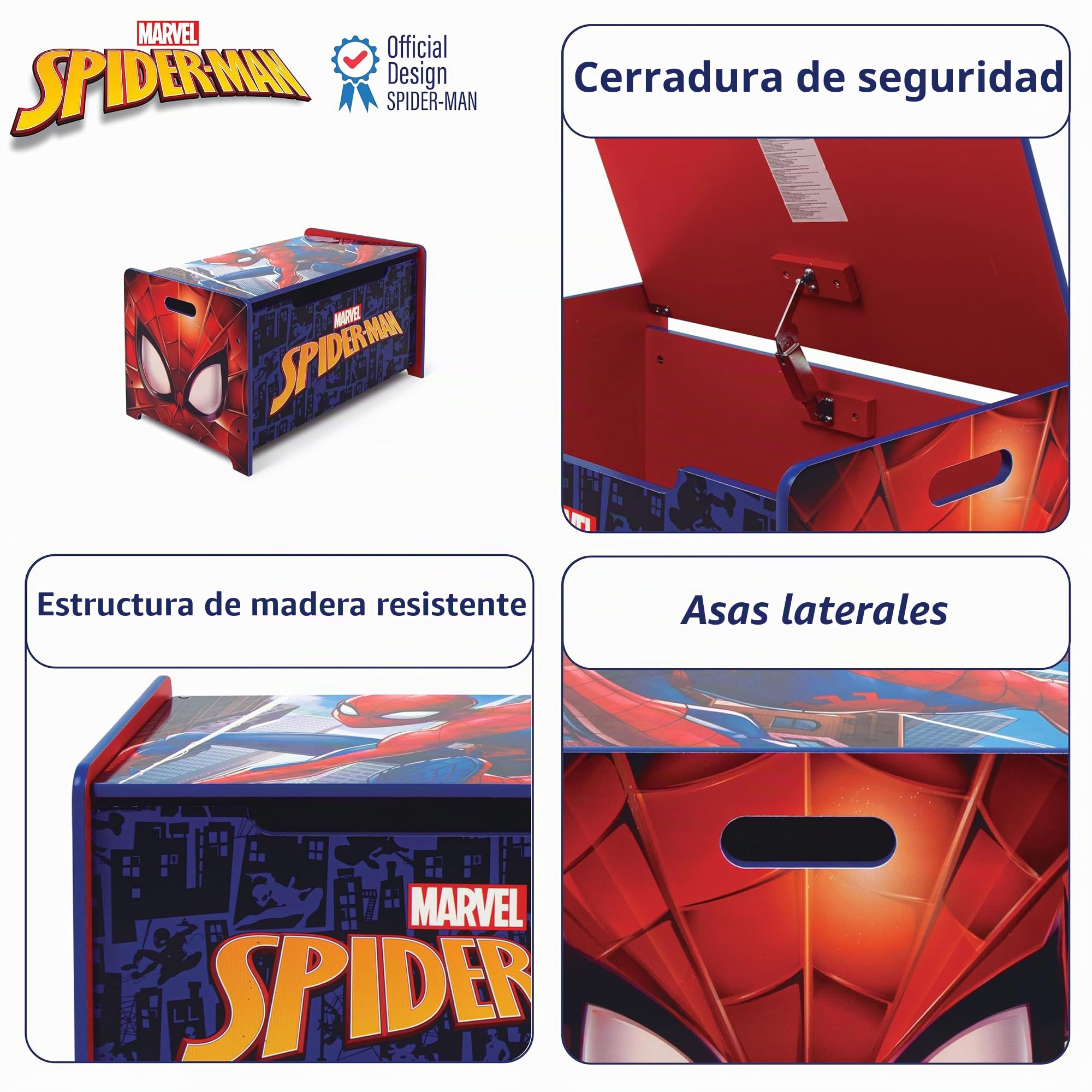 ARDITEX - Banco juguetero de madera de Spiderman (de Marvel) - 62.5x40x37cm - Color azul y rojo - Ideal para almacenar juguetes, ropa o cosas en un dormitorio infantil