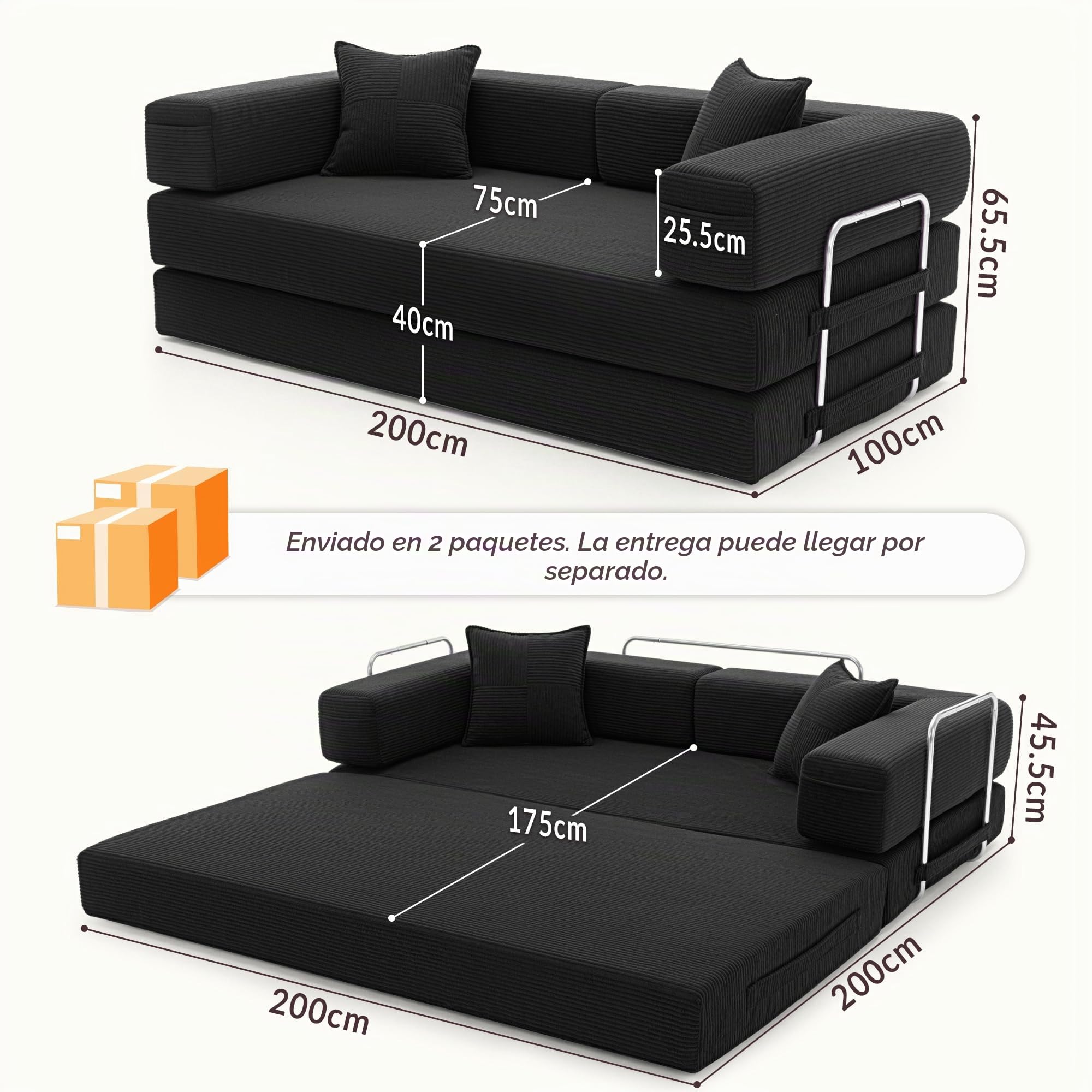 YINIX Sofá Cama 3 Plazas de 200cm, Sofá de Suelo Modular de Pana (Sin Montaje), Sofá Nube Plegable Sin Estructura, Funda Lavable, Cama de Invitados