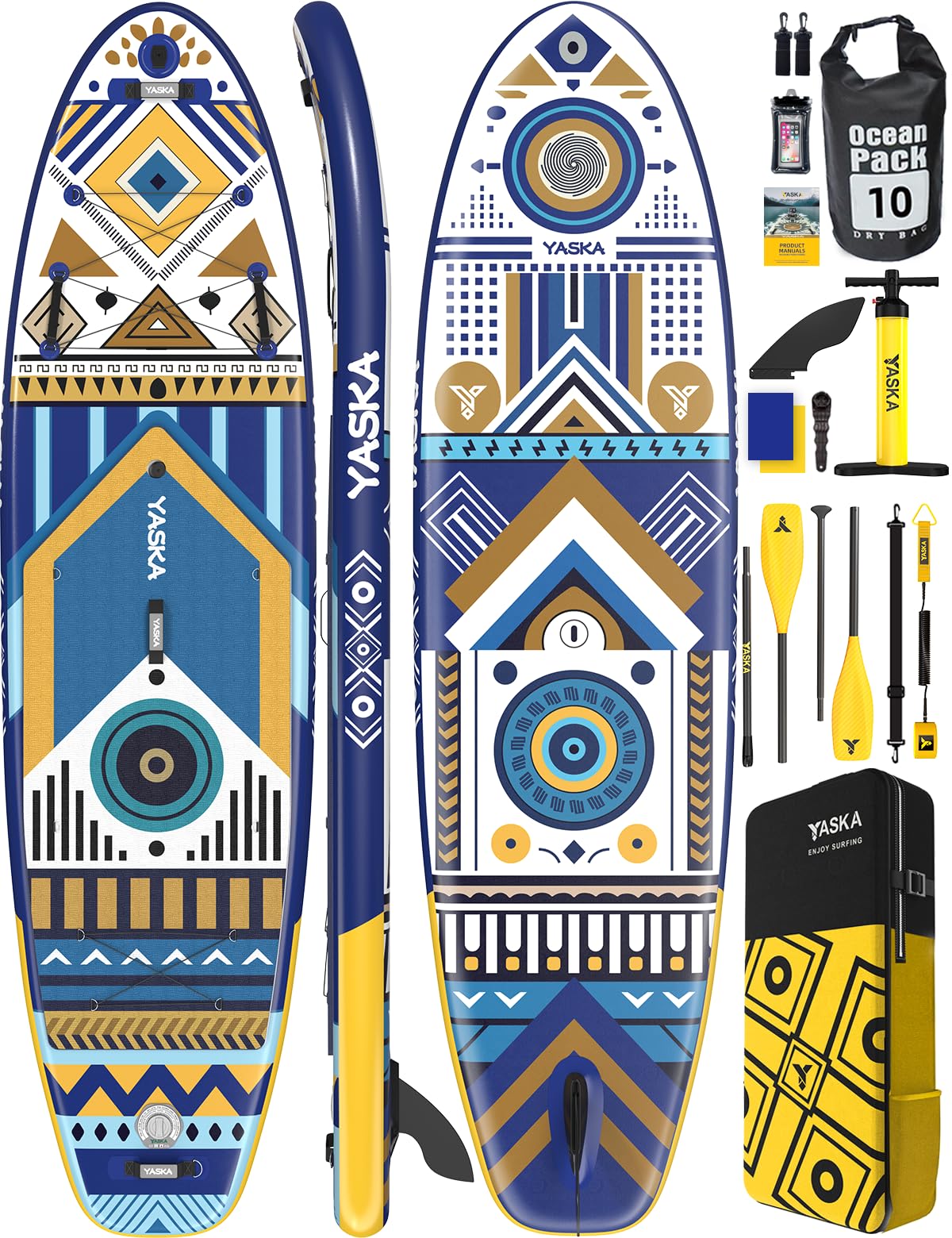 YASKA Inflatable Stand Up Paddle Board - 11ft Extra Wide Paddleboard with Premium SUP Board Accessories,Camera Mount,Non-Slip EVA Deck,5 Handles,Youth/Adult