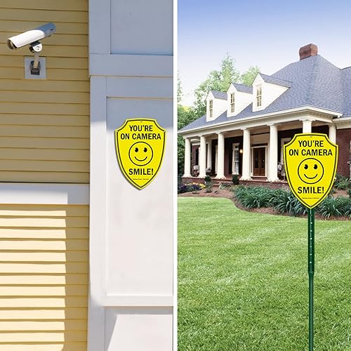 Miniatura 6 de Faittoo Señal de sonreír You're On Camera, letreros de videovigilancia al aire libre, paquete de 2, señal de advertencia reflectante de aluminio de