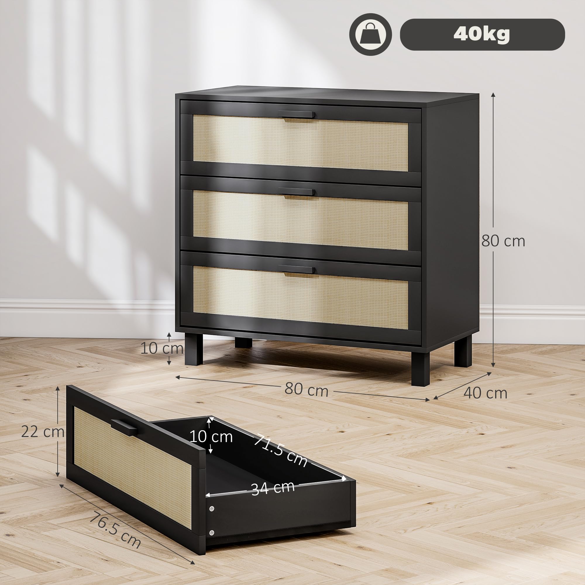 HOMCOM Commode en rotin pour Chambre à Coucher, 3 tiroirs, Commode bohème pour Salon, Couloir, Noir