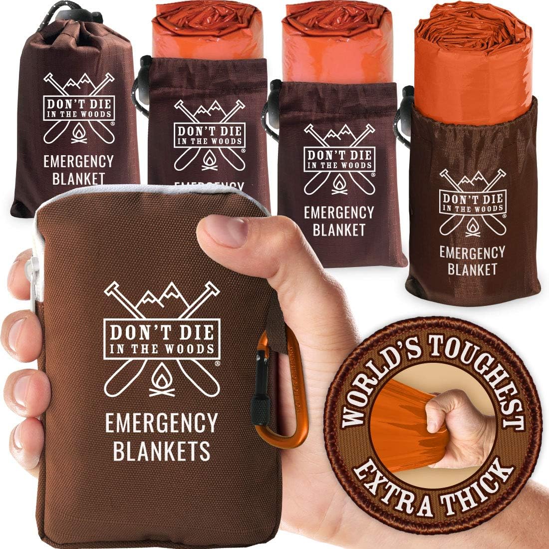 Don't Die In The Woods - World’s Toughest Emergency Blankets [4-Pack] Extra Thick Thermal Mylar Space Blanket - One of The Ten Essentials Outdoor Survival Gear Hiking Camping First Aid Kit (Orange)