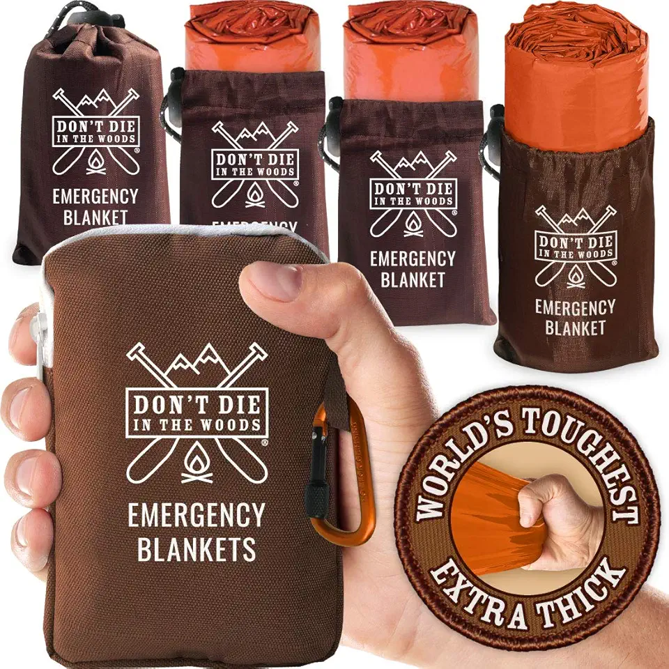 Don't Die In The Woods - Cobertores de emergência mais resistentes do mundo [pacote com 4] Cobertor térmico extra espesso para espaço Mylar – Um dos dez itens essenciais de sobrevivência ao ar livre