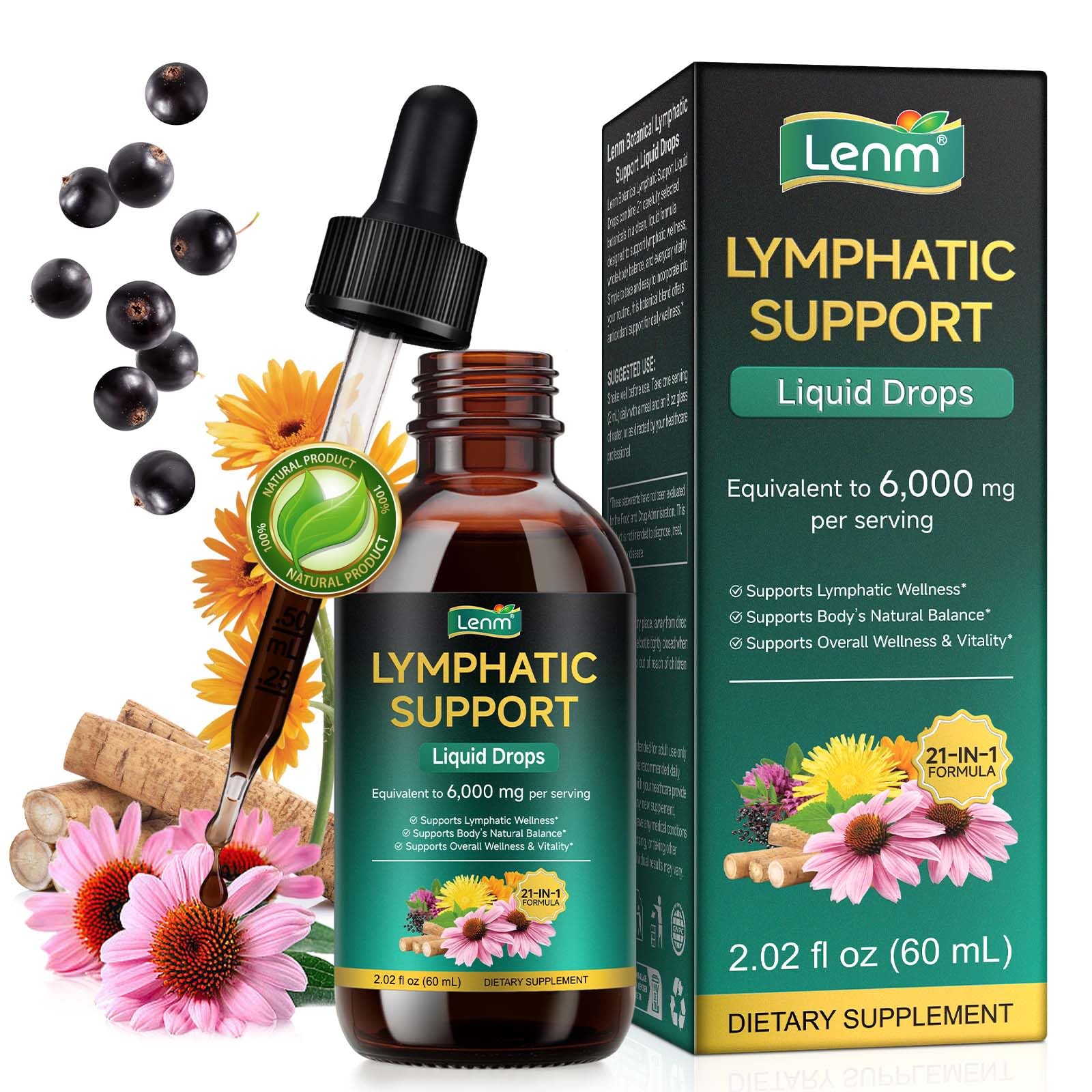 Lymphatic Drainage Drops, 21 in 1 Organic Lymphatic Support Liquid Drops with Echinacea Burdock Root Burdock Calendula Immune Support Cleanse Lymph System Support Supplement, 2 fl oz