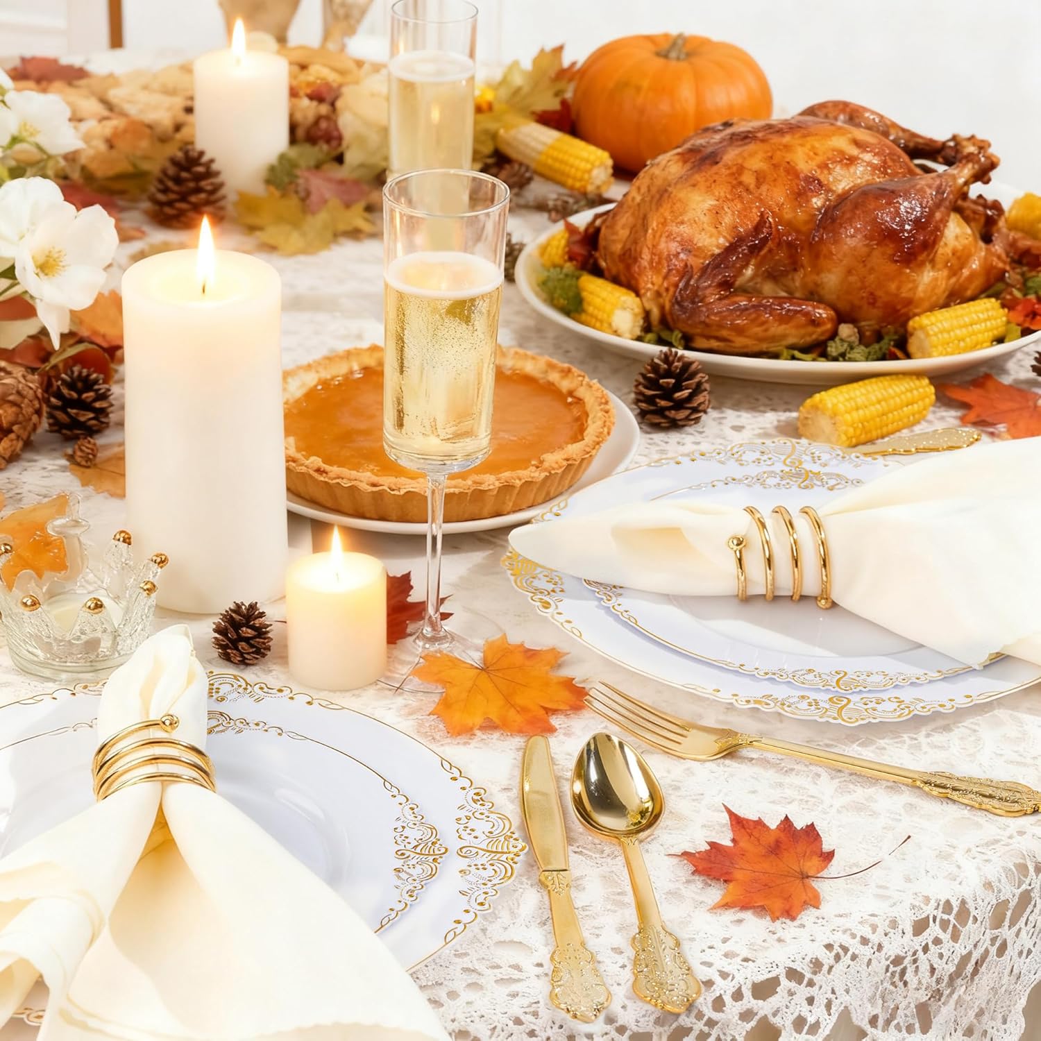 Hioasis 350pcs White and Gold Plastic Plates - Elegant Disposable Dinnerware Set Include 10.25 Dinner & 7.5 Dessert Plates, Knives, Forks, Spoons, Napkins, Cups for Party & Thanksgiving