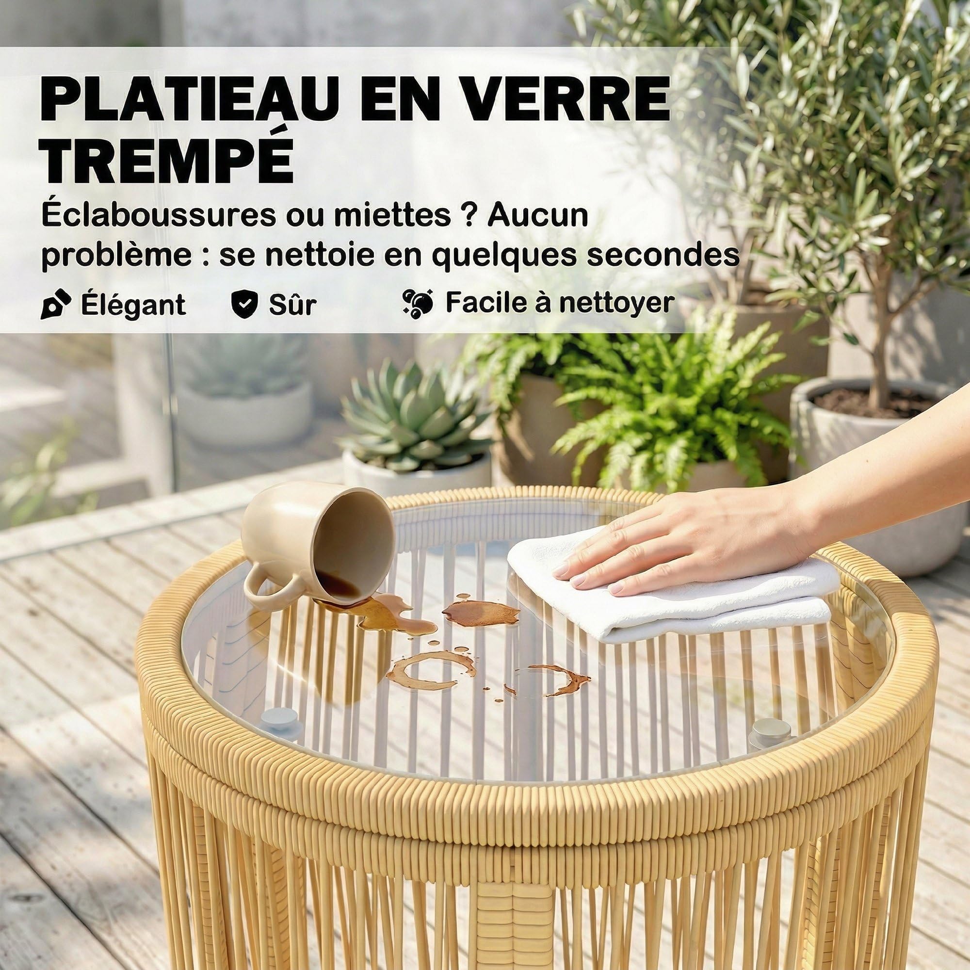 Outsunny Ensemble Bistro 3 Pièces Résine Tressée Salon Balcon 2 Fauteuils Table Verre Trempé Beige