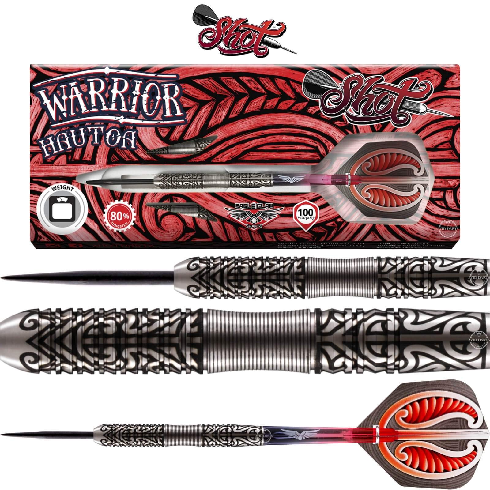 Shot! Darts Warrior Hautoa 80% Tungsten Pro Throwing Darts Steel Tip Set, Professional – Made in New Zealand – Designed Dart Flights for Women & Men – Metal Tip Bar Darts for Adults