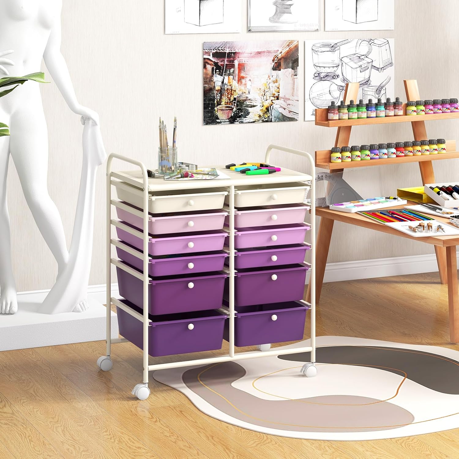 Moccha 12-Drawer Rolling Storage Cart - Utility Cart on Wheels with Lockable Casters for Craft Art Supply Paper Salon, Mobile Drawer Carts for Classroom Teacher School Office (Gradient Purple)