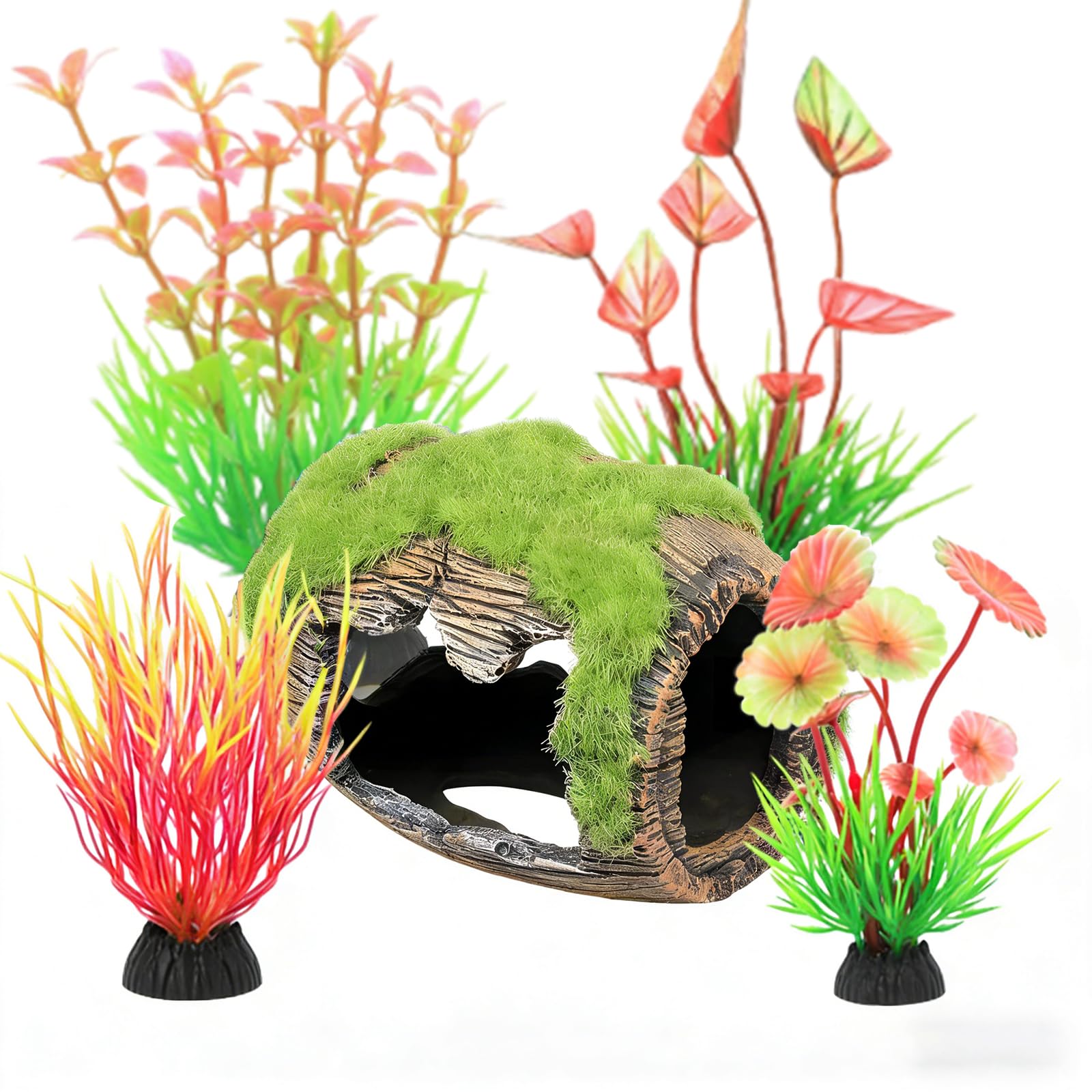 YgonziRuvc 5Pcs Aquarium Ornaments Set, Fish Tank Decorations with Broken Barrel and Aquarium Plants, Hideaways for Small and Medium Aquariums