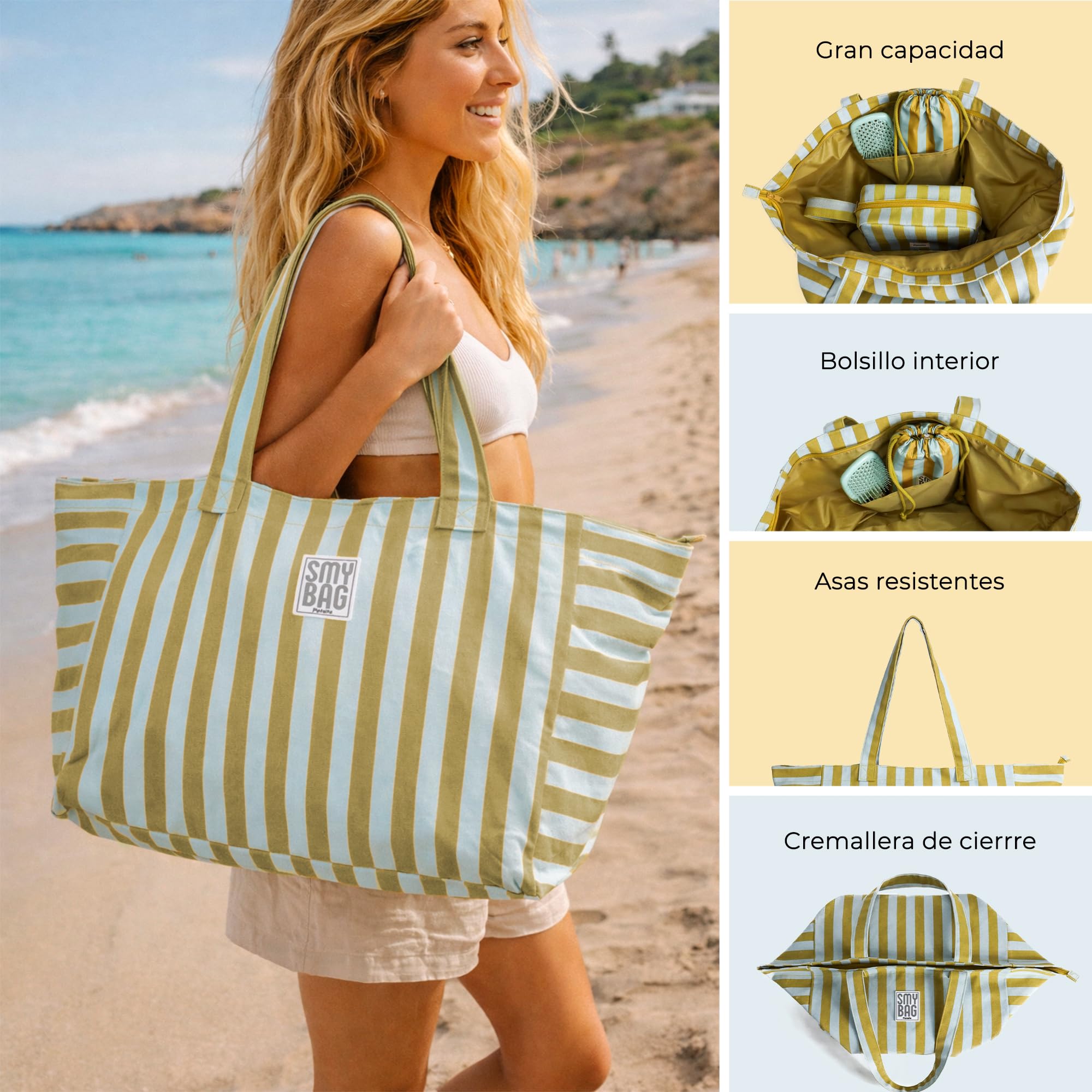 Bolsa de Playa Mujer Menorca Grande - Bolso Playa a Rayas con Cremallera - Shopper Verano Amplio y Resistente - 64x35x23,5 cm