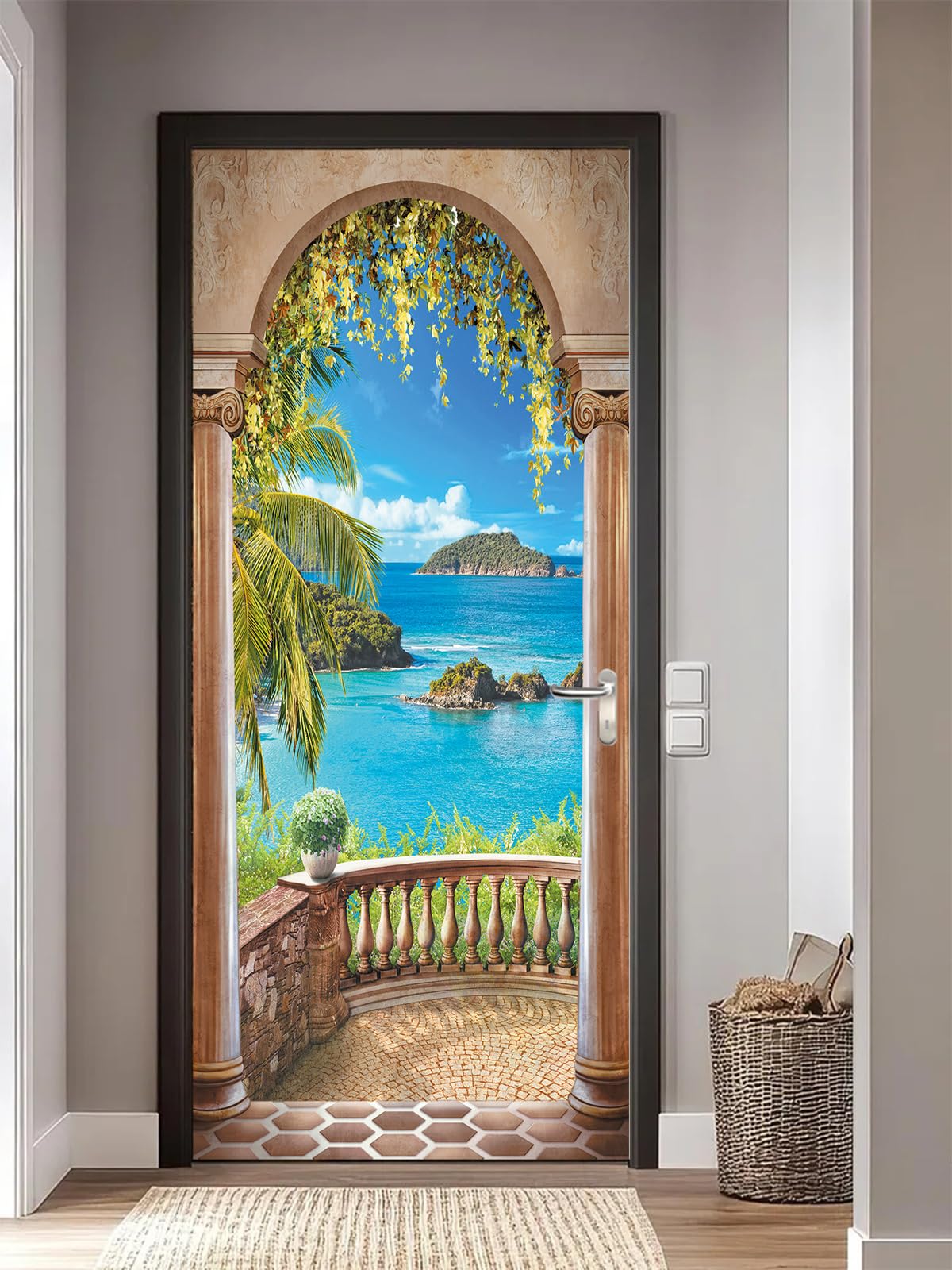 Adesivi Per Porte 3D Per Porte Interne Spiaggia Oceano Alberi Di Cocco Cielo Blu Paesaggio 80 X 200 Cm Per Bambini Sfondo Bianco Vinile Impermeabile Autoadesivo Porta Decalcomanie Murali P -8F9J4E0L9Y