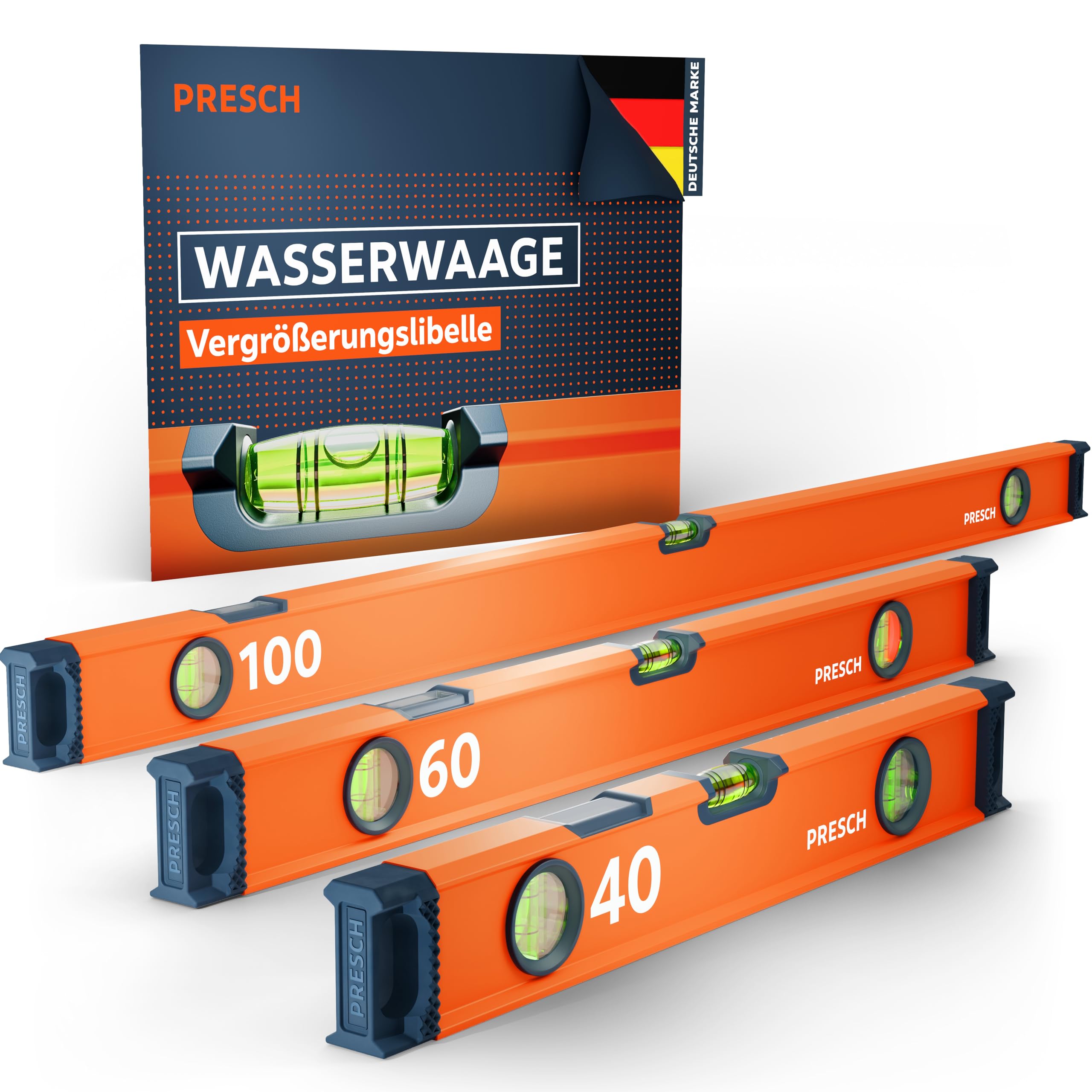 PRESCH Wasserwaagen Set 40 cm, 60 cm & 100 cm – Bruchfeste Weitwinkellibelle inkl. 2% Gefälle-Anzeige und Vertical-View