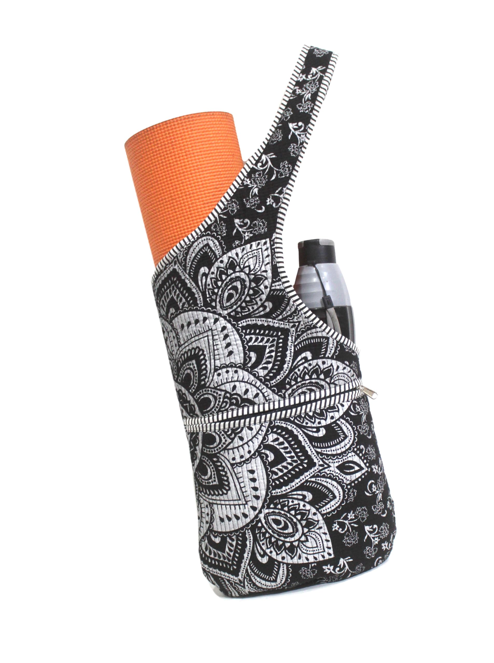 INDIAN CRAFT CASTLE Yoga Mat Bag | Tote Mat Bag | Sling Yoga Tote w/Large Side Pocket & Zipper Pocket | Yoga Mat Carrier Fits Most Size Mats (Black Silver)