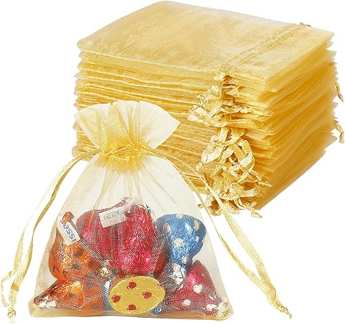 YQL Bolsas de organza de 3 x 4 pulgadas, 100 bolsas pequeñas de organza doradas, bolsas de joyería de organza para boda, fiesta, San Valentín,