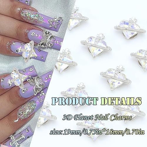 Miniatura 5 de RODAKY 12 piezas 3D blanco corazón planeta uñas arte uñas purpurina uñas diamantes de imitación Kawaii Saturno forma lujo joyas para uñas uñas DIY