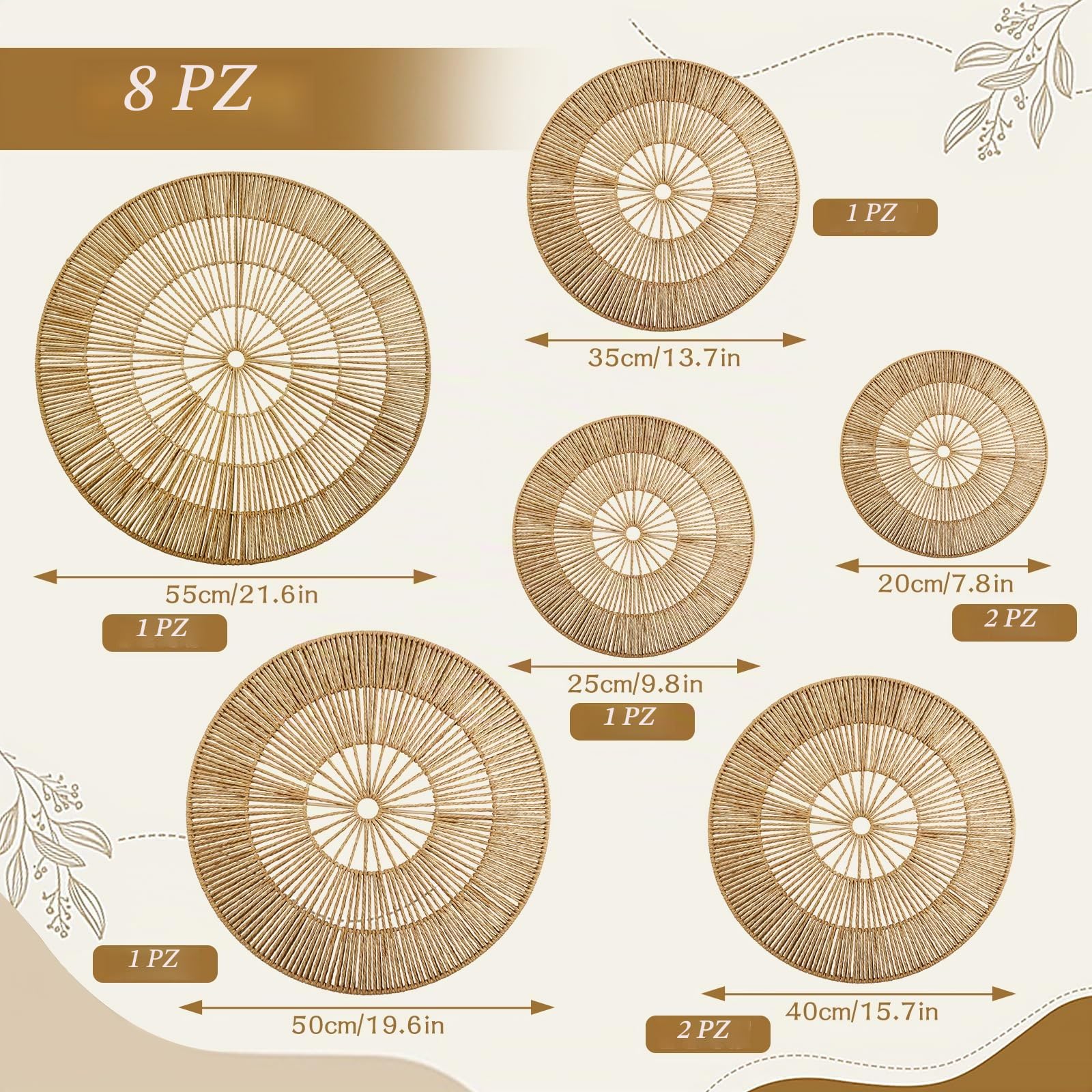 YIYA Set da 8 Decorazioni Murali Boho Cesti Murali Rotondi in Rattan Intrecciati a Mano, Arte Murale Sospesa in Rattan per Soggiorno Casa di Campagna e Camera da Letto