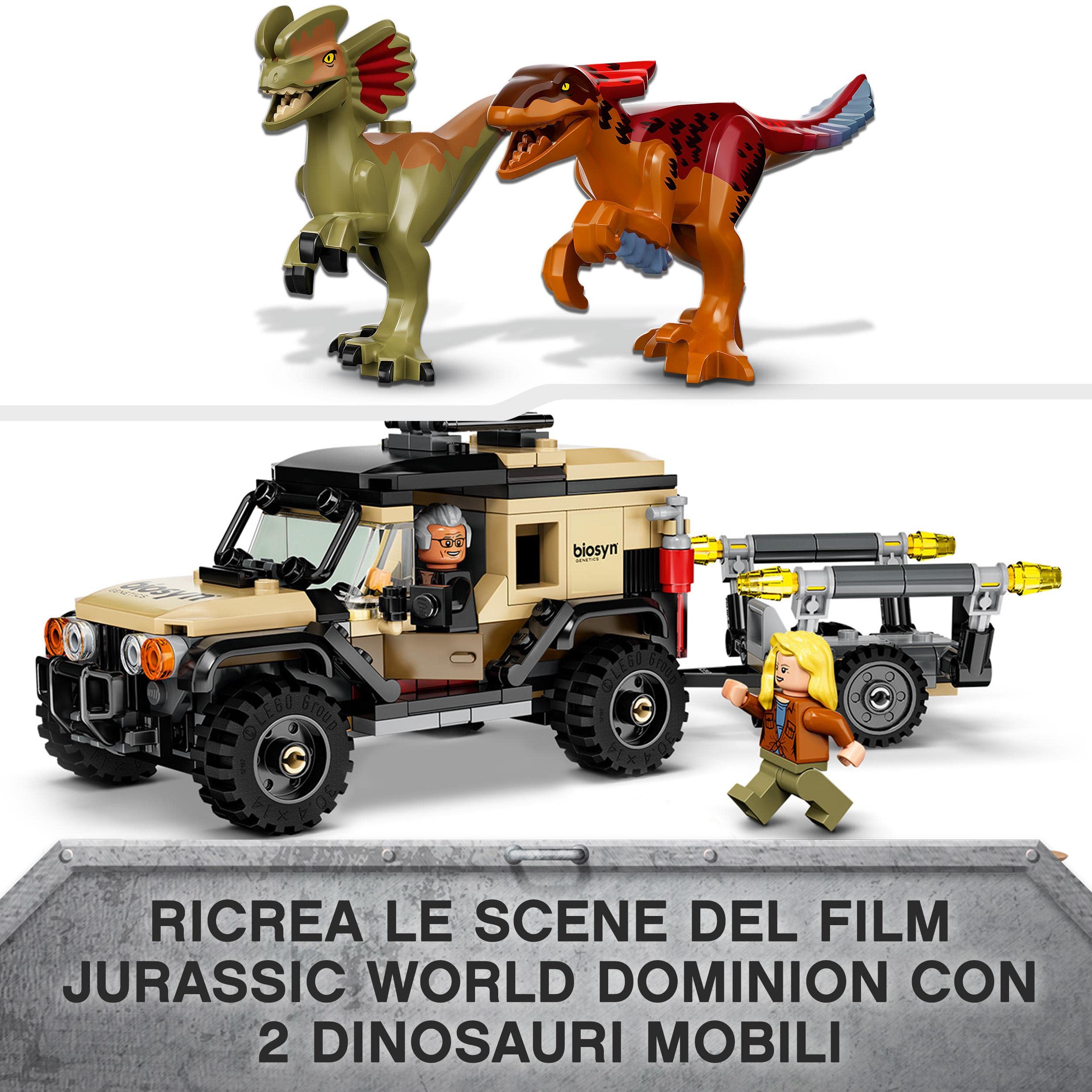 LEGO Jurassic World Trasporto del Piroraptor e del Dilofosauro, Set con 2 Dinosauri Giocattolo, Fuoristrada e 3 Minifigure, Giochi per Bambini e Bambine da 7 Anni in su, Idea Regalo Fan dei Dino 76951