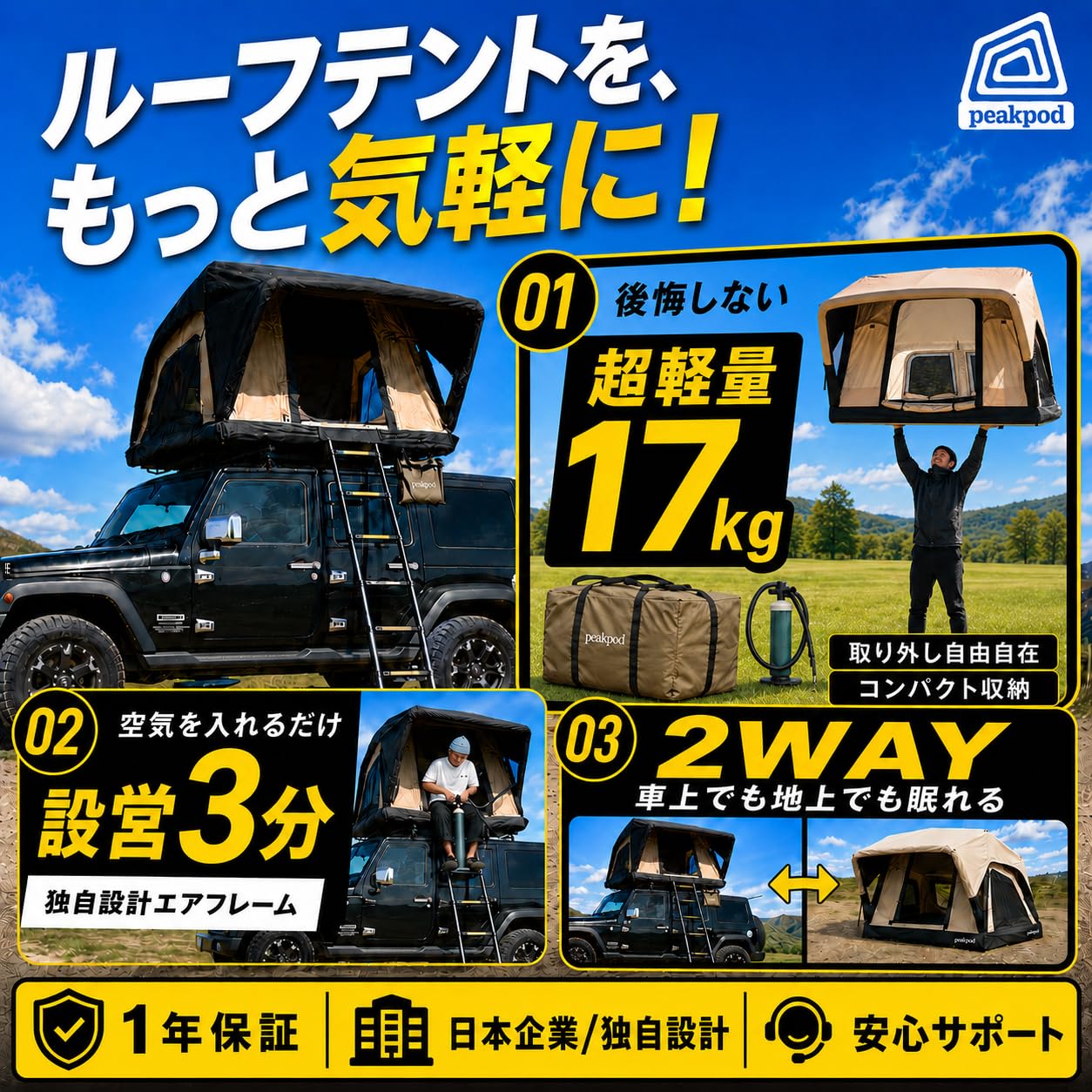 Amazon.co.jp: 【Peakpod正規品】 ルーフテント 車上 3分設営 軽量17kg