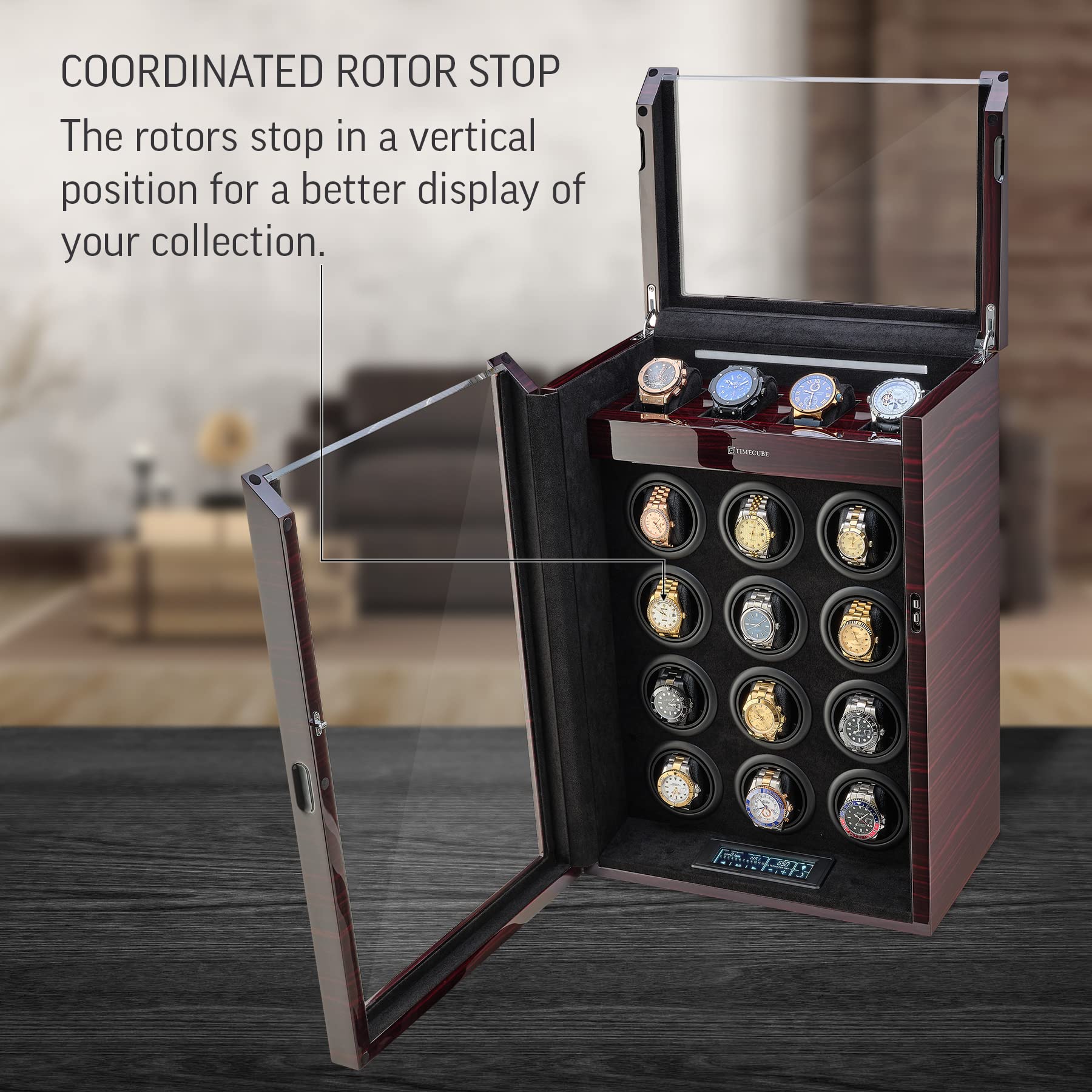 TIMECUBE Watch Winder for 12 Watches with Interior Light and 4 Watch Storage Slots (Ebony)