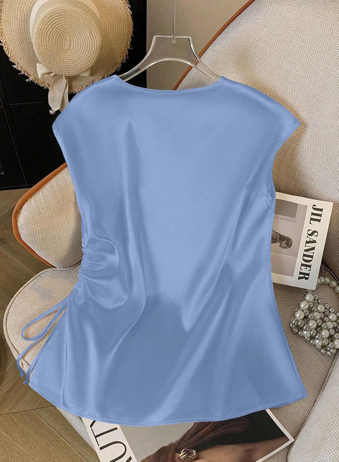 EVALESS Satin Blouses for Women Dressy Casual Silk V Neck Cap Sleeve Pleated Shirts Business Work Tops - Image 3