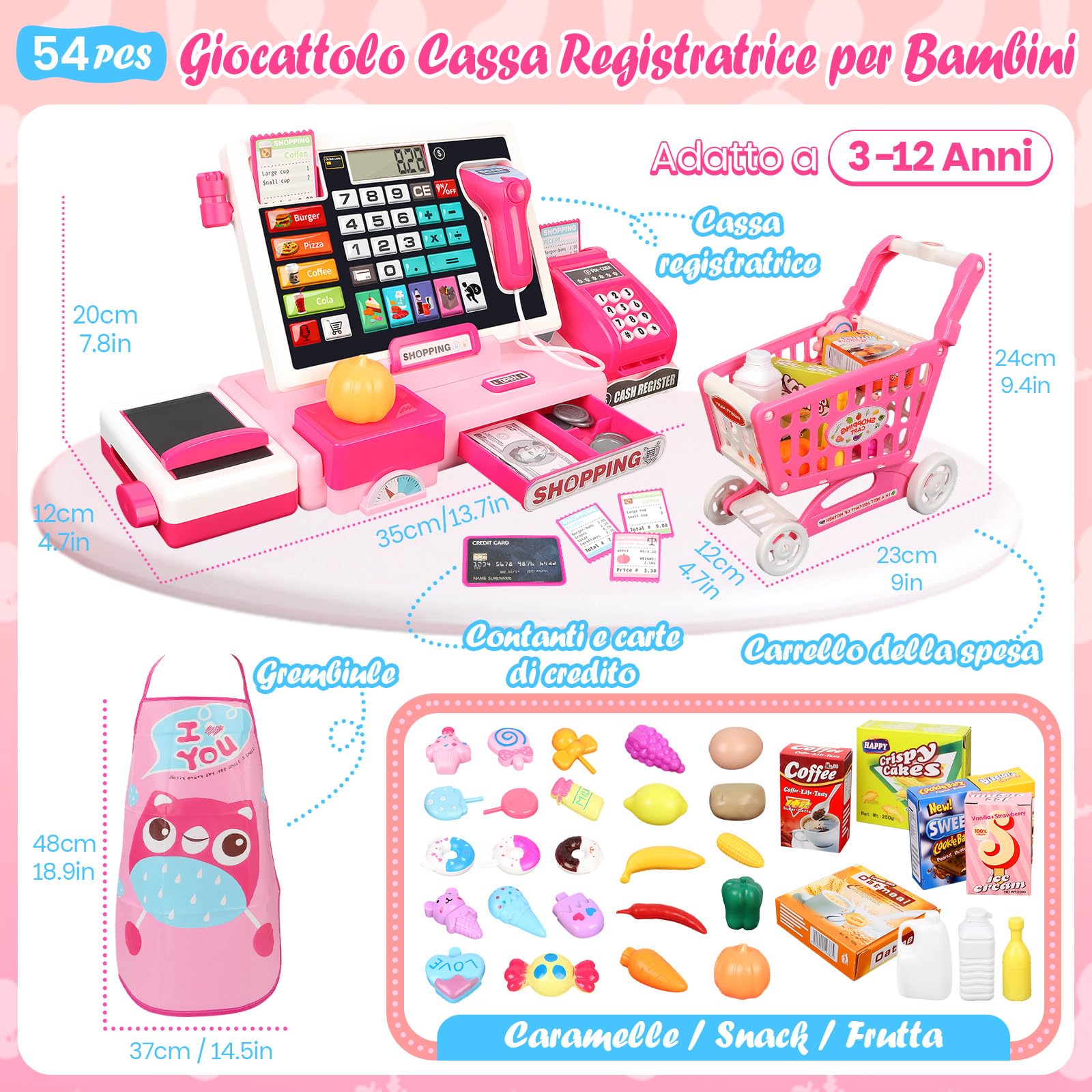 IEEILULU Cassa Giocattolo per Bambini, Cassa Supermercato Giocattolo - Con 52 Accessori(Vera Calcolatrice/Scanner/Soldi Finti/Cibo, Ecc.), Giocattolo Educativo Regalo per Ragazze Ragazzi 3 4 5 6 7 8
