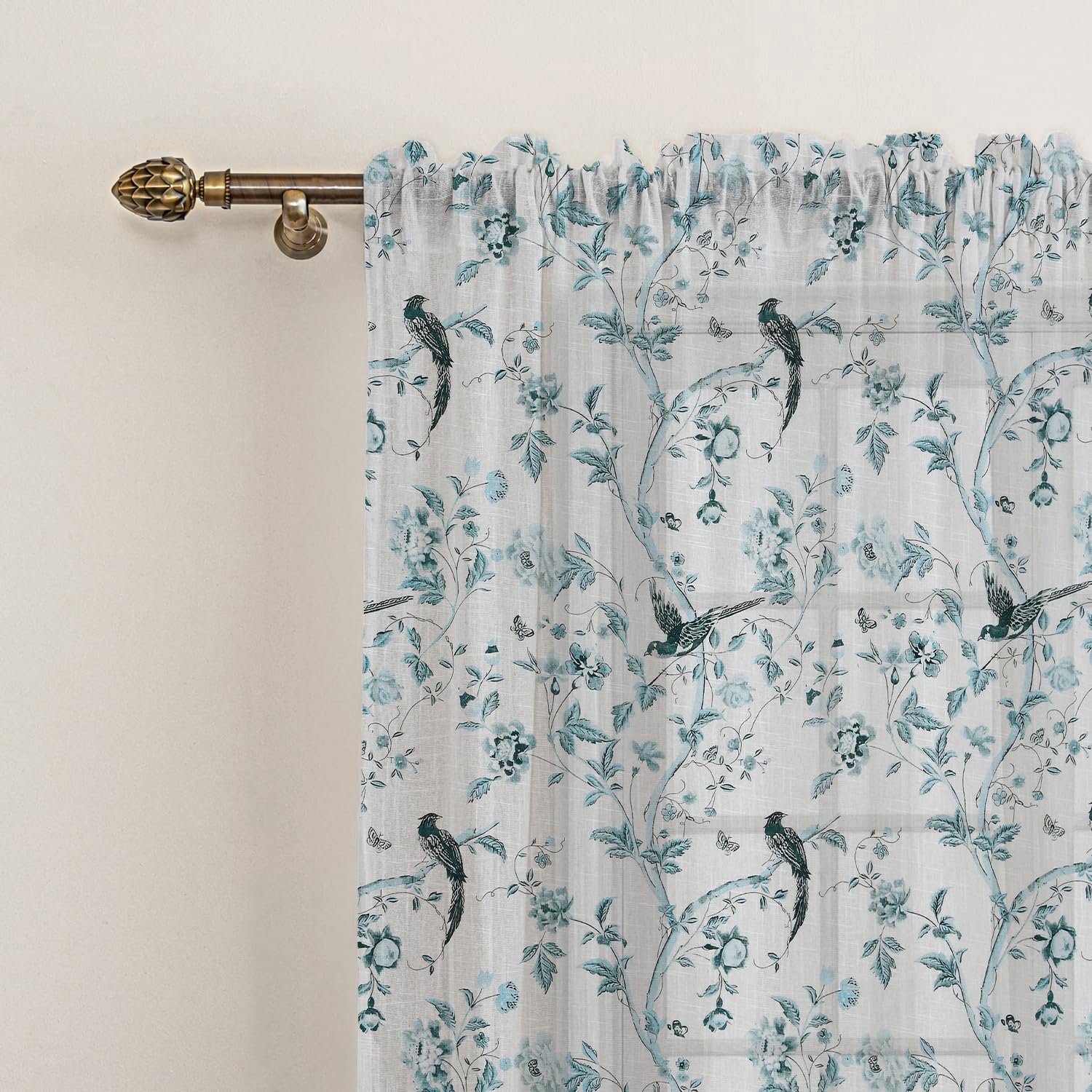 LINENWALAS Cotton Linen Printed Sheer Curtain Set of 2 Panels with Rod Pocket Hanging, Floral Printed Door Curtains Non Blackout Light Filtering Curtains (8.5 Feet x 4.5 Feet, Bird Paradise)-image-29