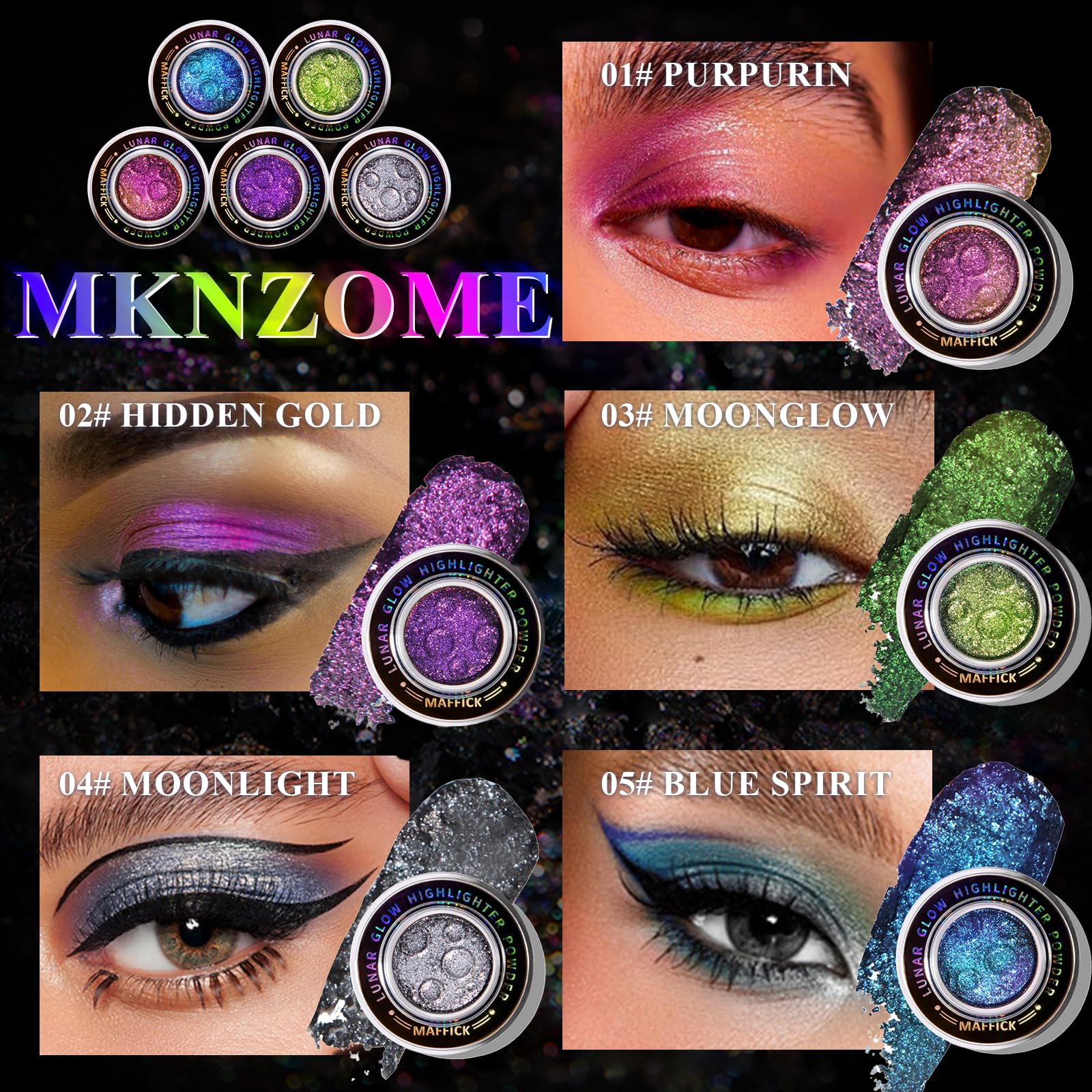 MKNZOME Glitter Eyeshadow, 5 Colors Multichrome Chameleon Shimmer Cream Eye Shadow Highlighter Makeup, High Pigmented, Waterproof, Long Lasting