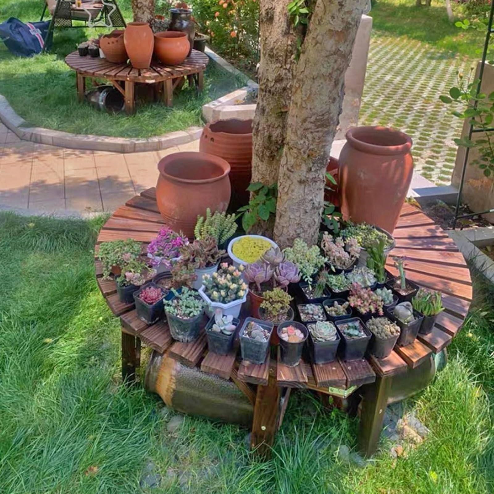 Panca da Portico Curva in Legno Senza Schienale per Esterni, In Stile Rustico, Per Patio, Giardino, Terrazza e Cortile