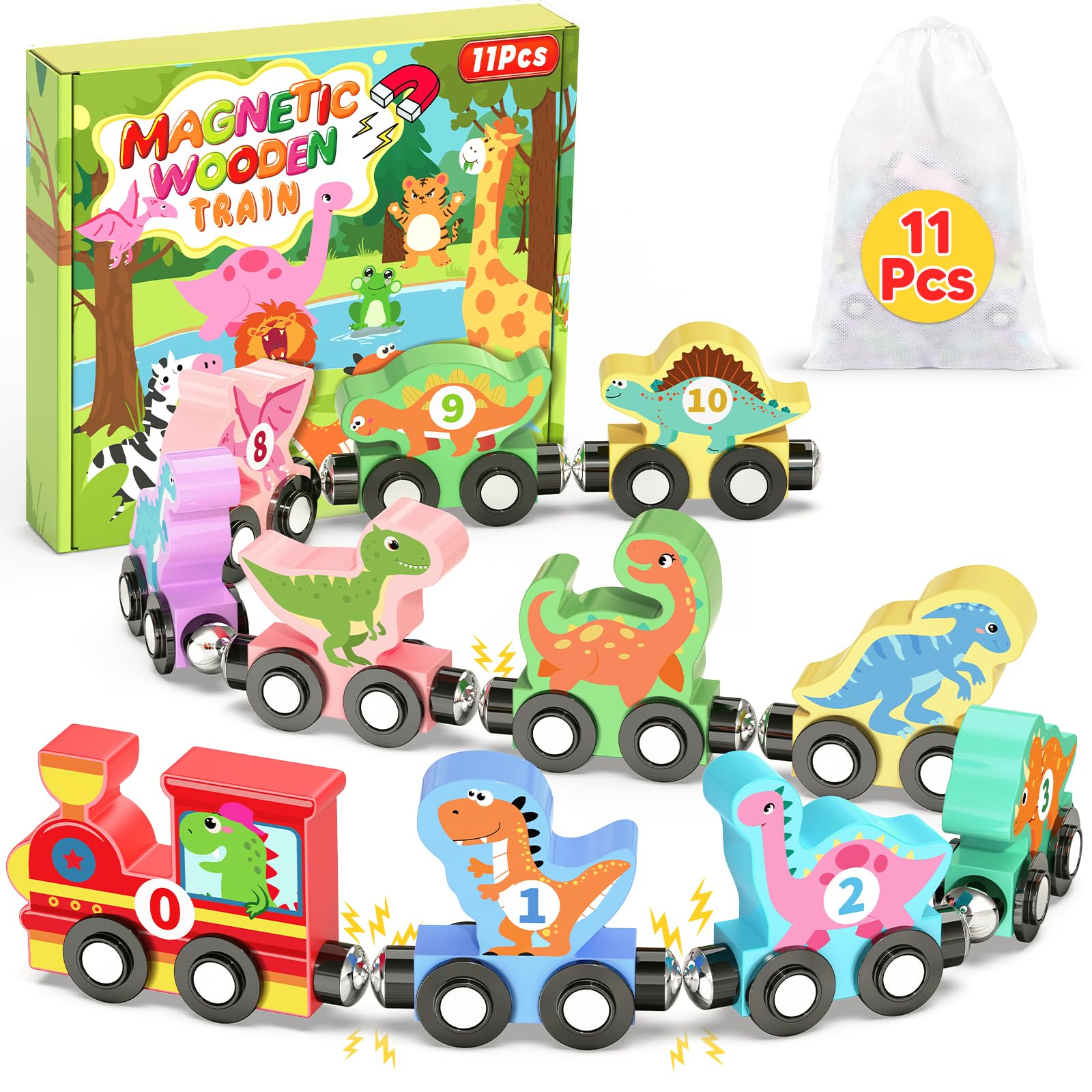 Photo 1 of ***missing part **11 Pcs Magnetic Dinosaur Train Set Montessori Toys for 1 2 3 Years Old Toddlers Boys Girls, Wooden Dinosaur Preschool Learning Activities Educational Sensory Toys Birthday Gifts Ages 1-3, 2-4