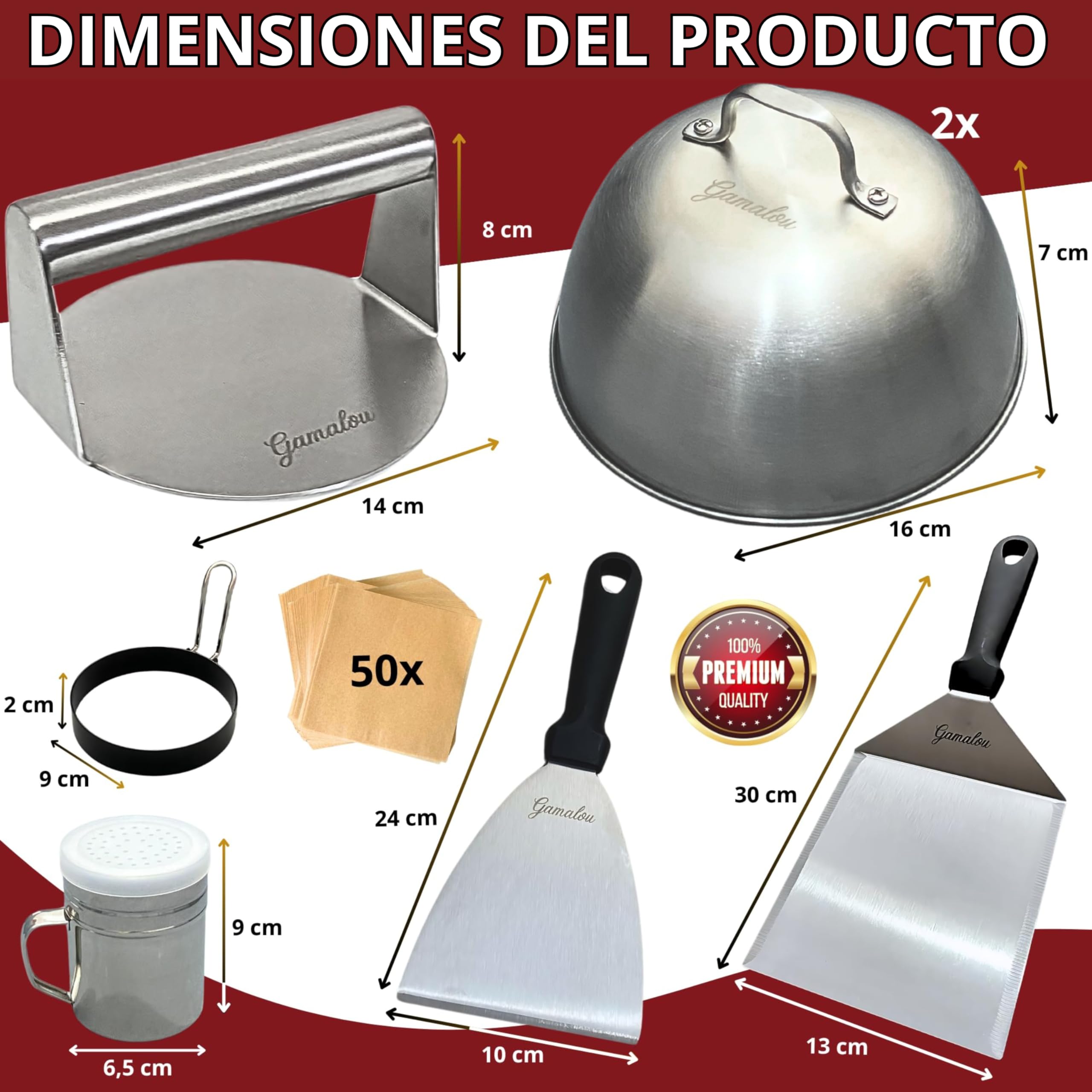Smash Burger Profesional Kit Inox 304: Prensa Hamburguesas Smasher Antiadherente, Set de 2 Campanas, Espátulas y Bote para Especias, Ideal para Parrilla, Plancha o Sartén - Certificado UE