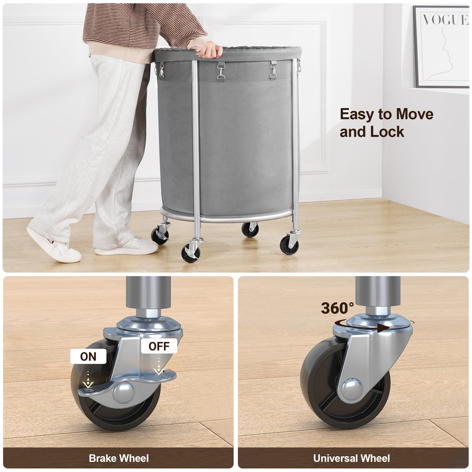 ELYKEN Cesto portabiancheria con ruote, cesto portabiancheria con borsa rimovibile e telaio in acciaio, carrello rotondo con 4 ruote, ideale per camera da letto, bagno, lavanderia, grigio